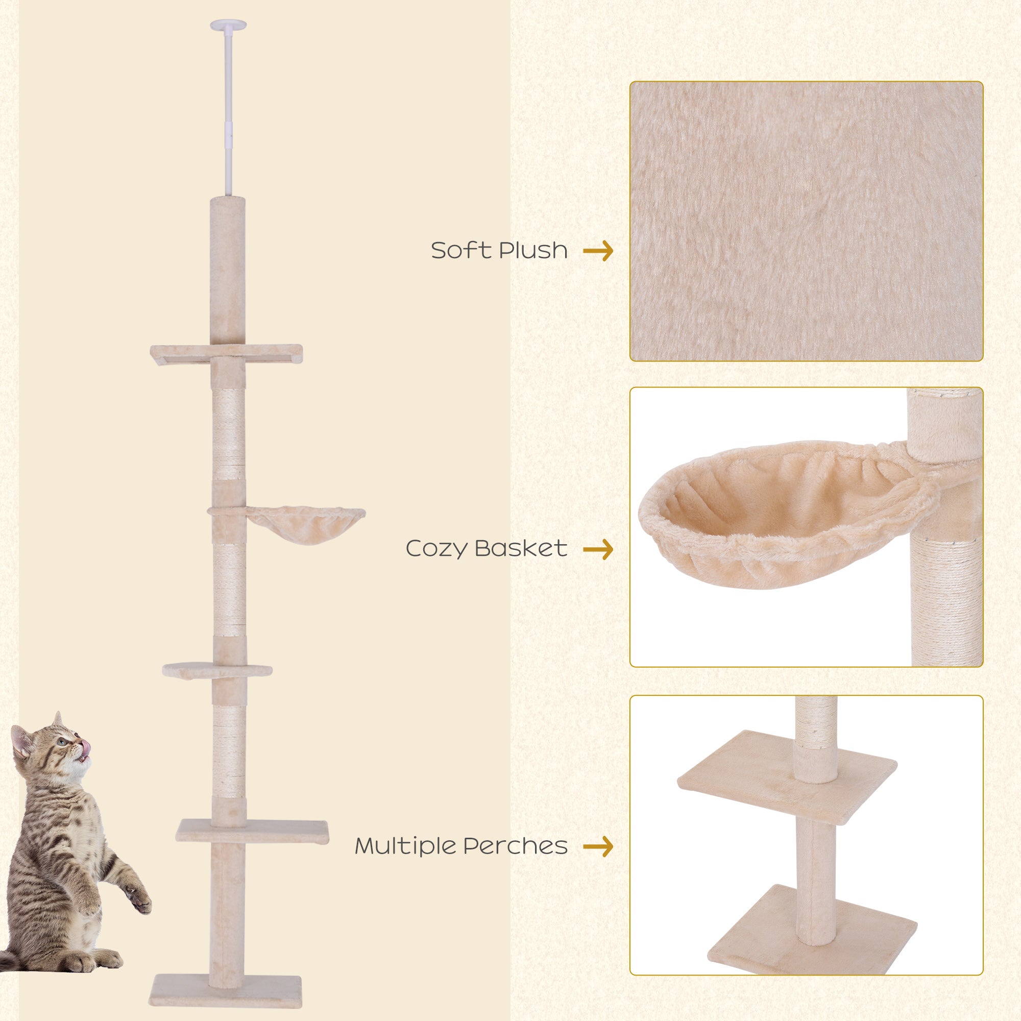 PawHut Floor to Ceiling Cat Tree 5-Tier Kitty Tower Activity Center Scratching Post 230-260cm