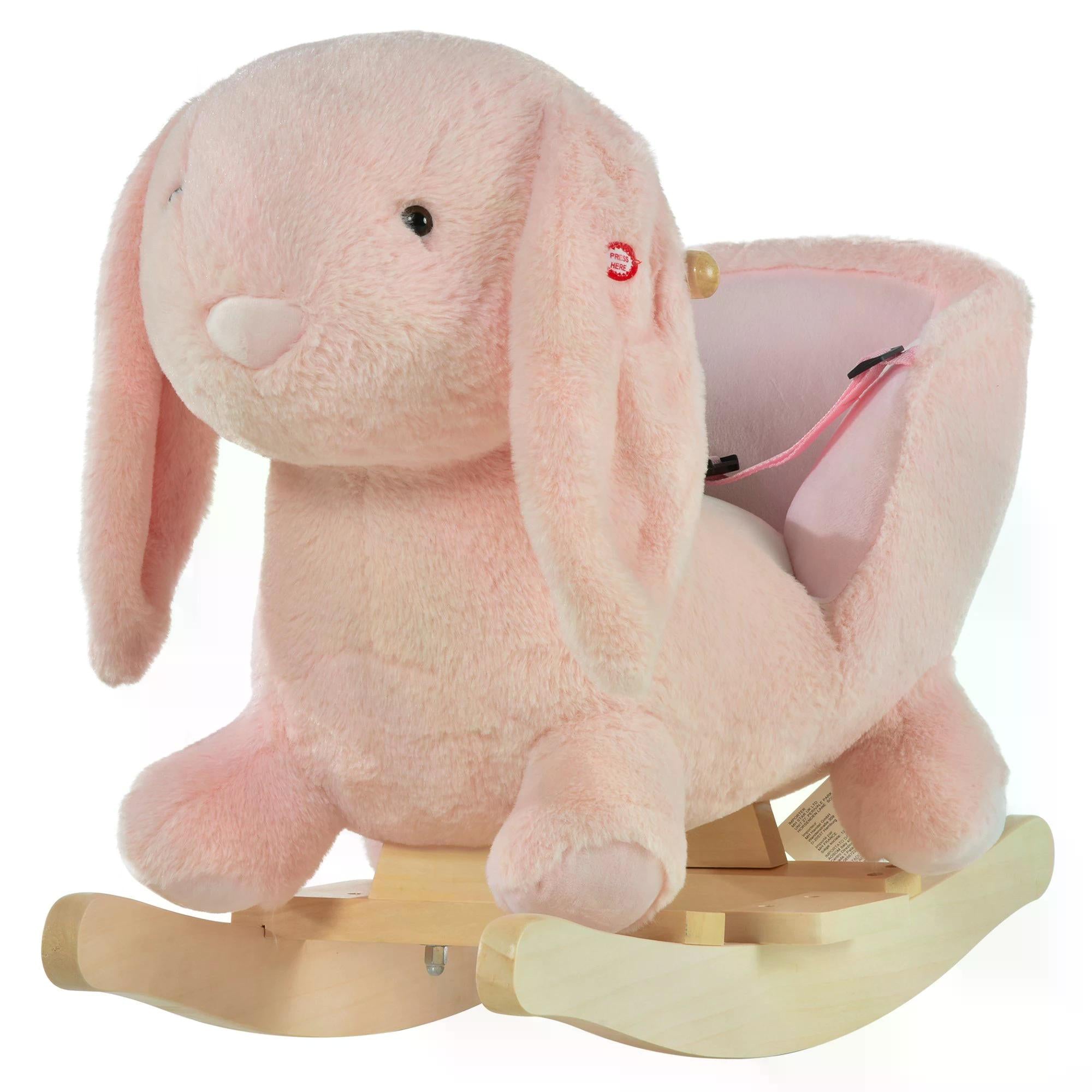 HOMCOM Kids Children Rocking Horse Plush Ride On Rabbit Seat w/ Sound Wood Base Seat Safety Belt Toddler Baby Toy Rocker Pink 18 - 36 Months