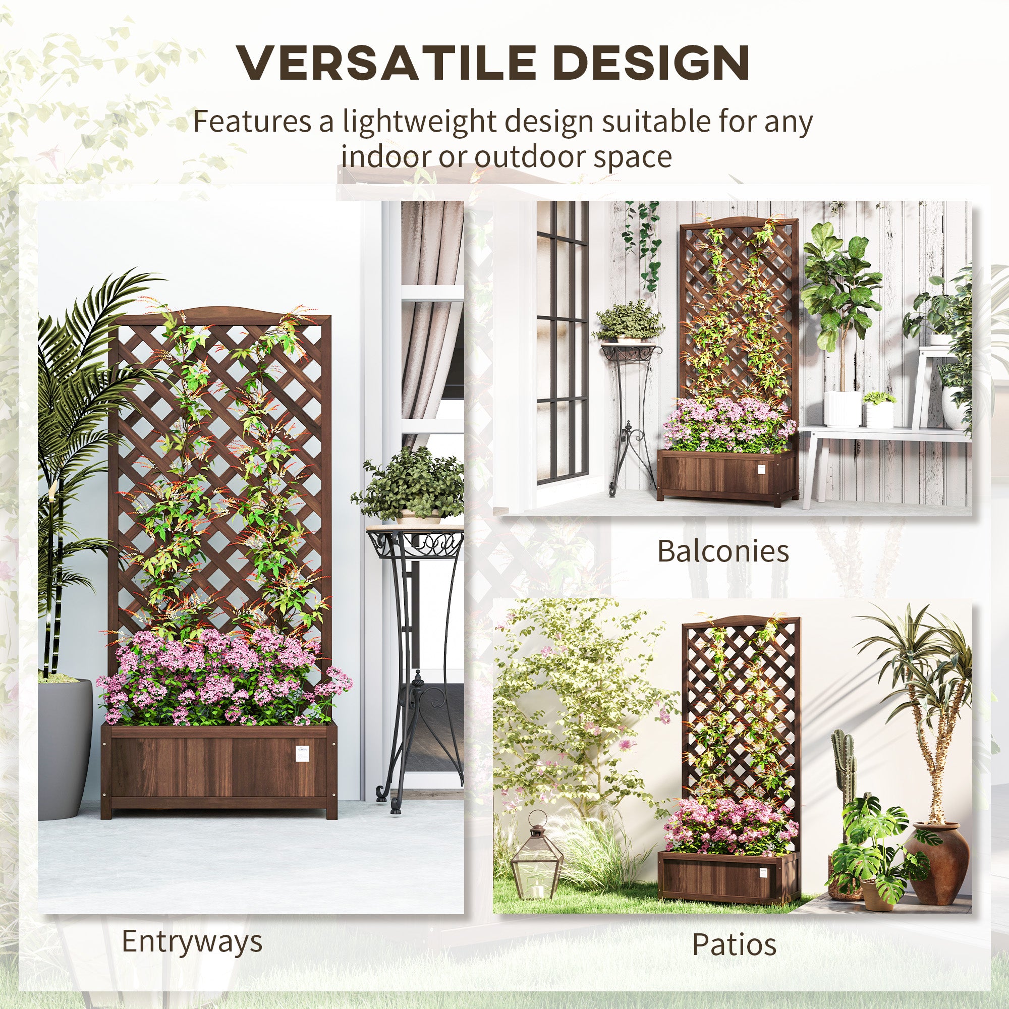 Outsunny 53L Garden Wooden Planter Box with Trellis Free Standing Flower Raised Bed with Lattice for Climbing Plants, 76cm x 36cm x 170cm, Dark Brown - North Peak Garden Furniture
