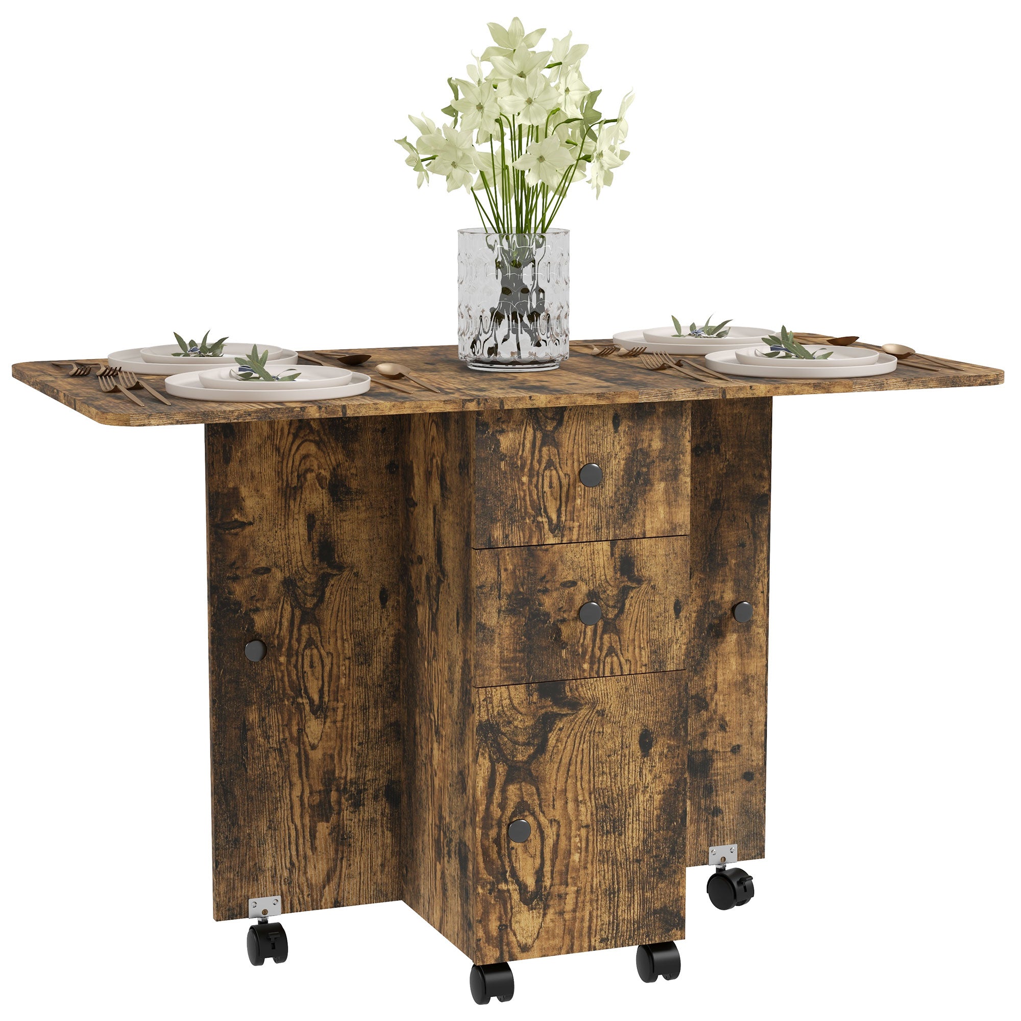 HOMCOM Multi-Storage Six-Person Drop Leaf Dining Table -  Rustic Brown