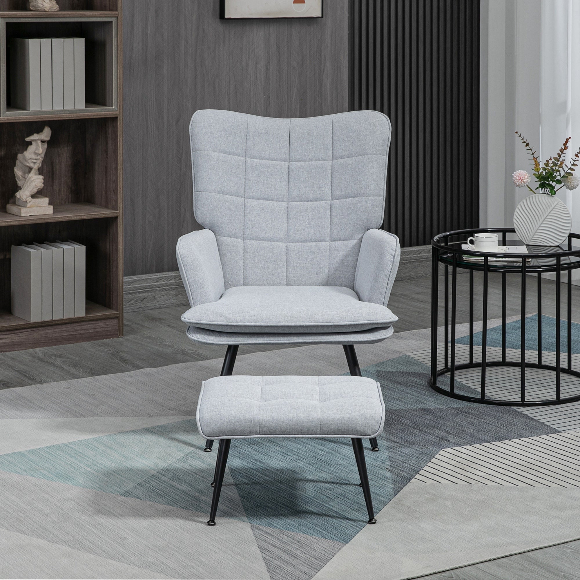 HOMCOM Armchair with Footstool, Living Room Chair, Linen Accent Chair for Bedroom, Home Study, Light Grey - North Peak Garden Furniture