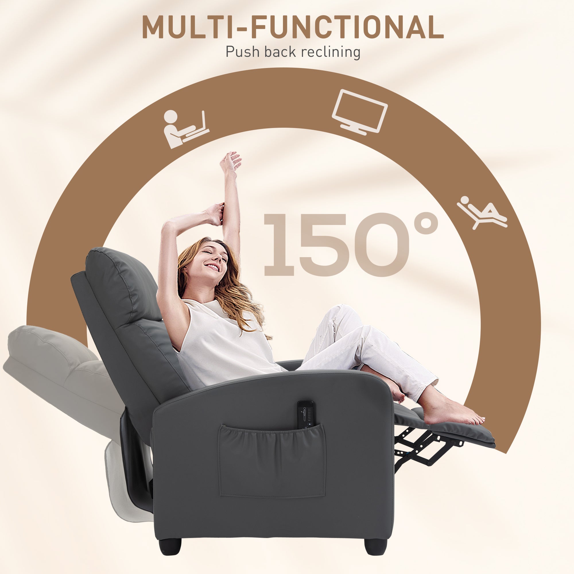 HOMCOM Recliner Armchair, Massage Faux Leather Push Back Reclining Chair with Adjustable Leg Rest, Side Pocket, for Home Living Room Theatre, Grey - North Peak Garden Furniture