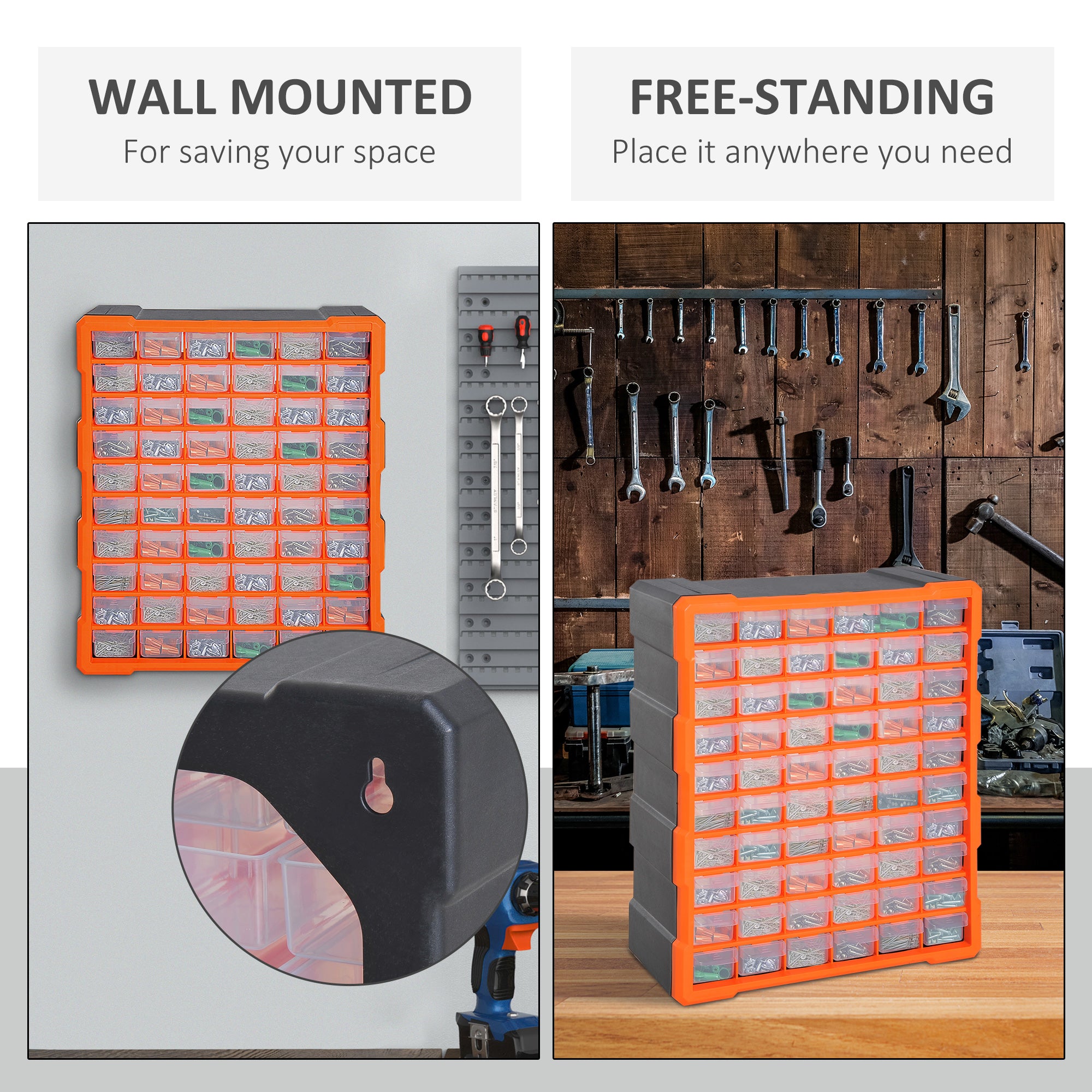 DURHAND 60 Drawers Parts Organiser Wall Mount Storage Cabinet Garage Small Nuts Bolts Tools Clear Orange - North Peak Garden Furniture