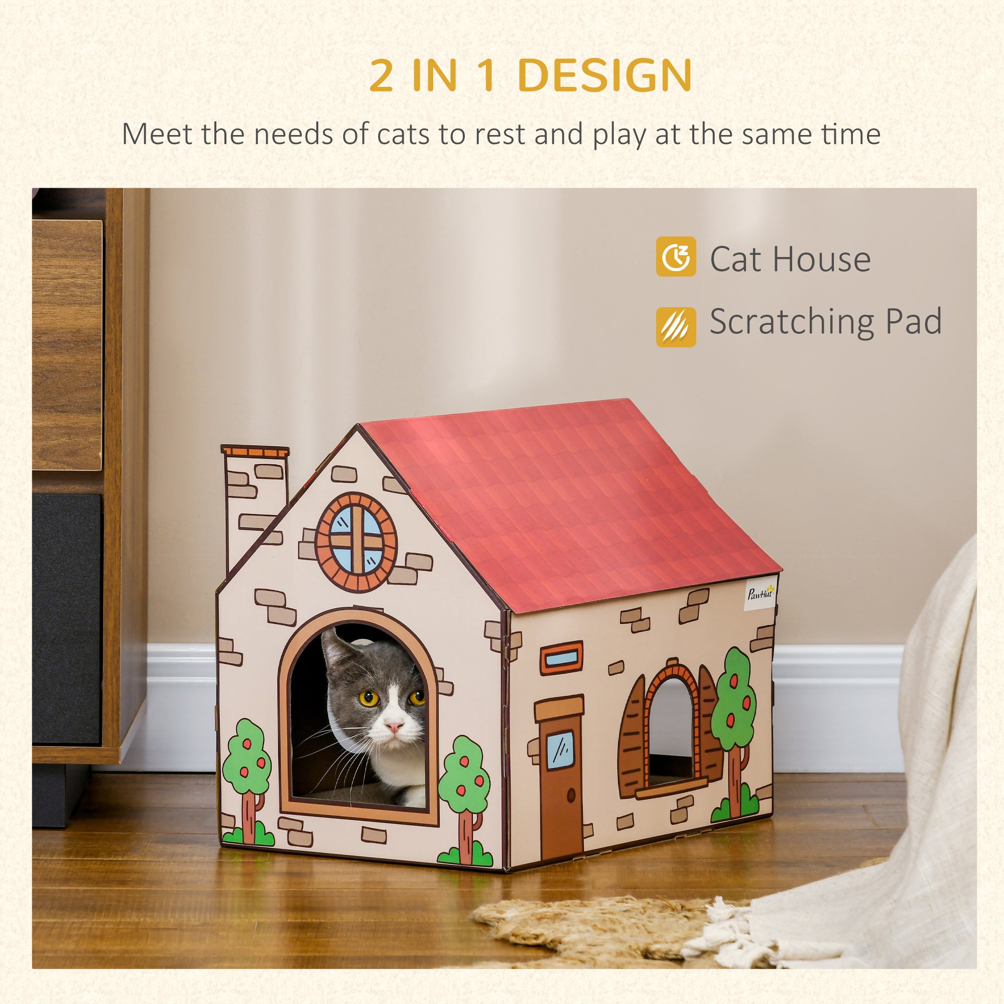 PawHut Two-In-One Cat House, Cat Scratching Board with Scratcher, Catnip, Cat Cardboard Scratcher for Indoor Cats - North Peak Garden Furniture