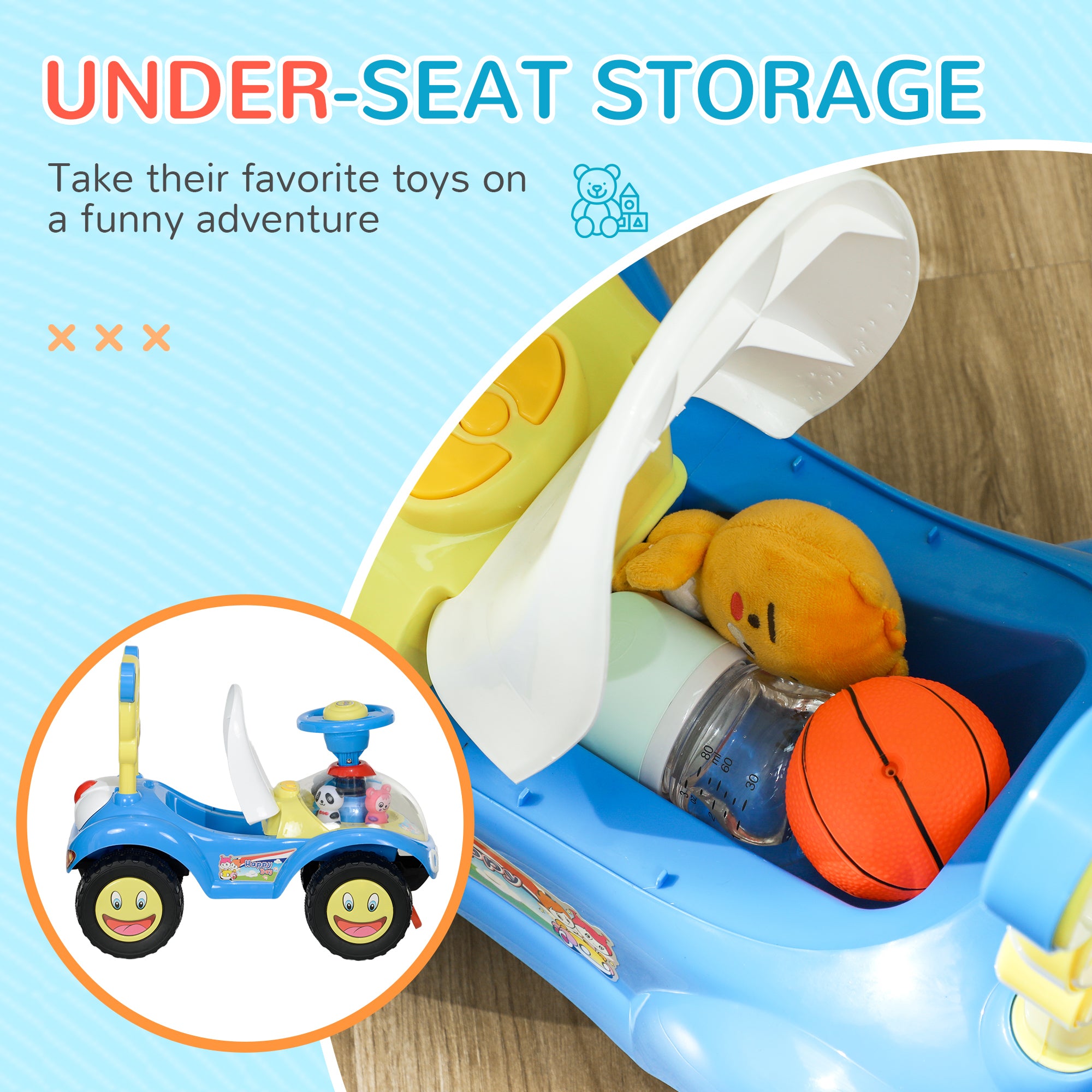 AIYAPLAY Foot to Floor oddler Ride on Toy w/ Music, Light, Horn, Under Seat Storage, Anti-Over-Backwards Device, Blue