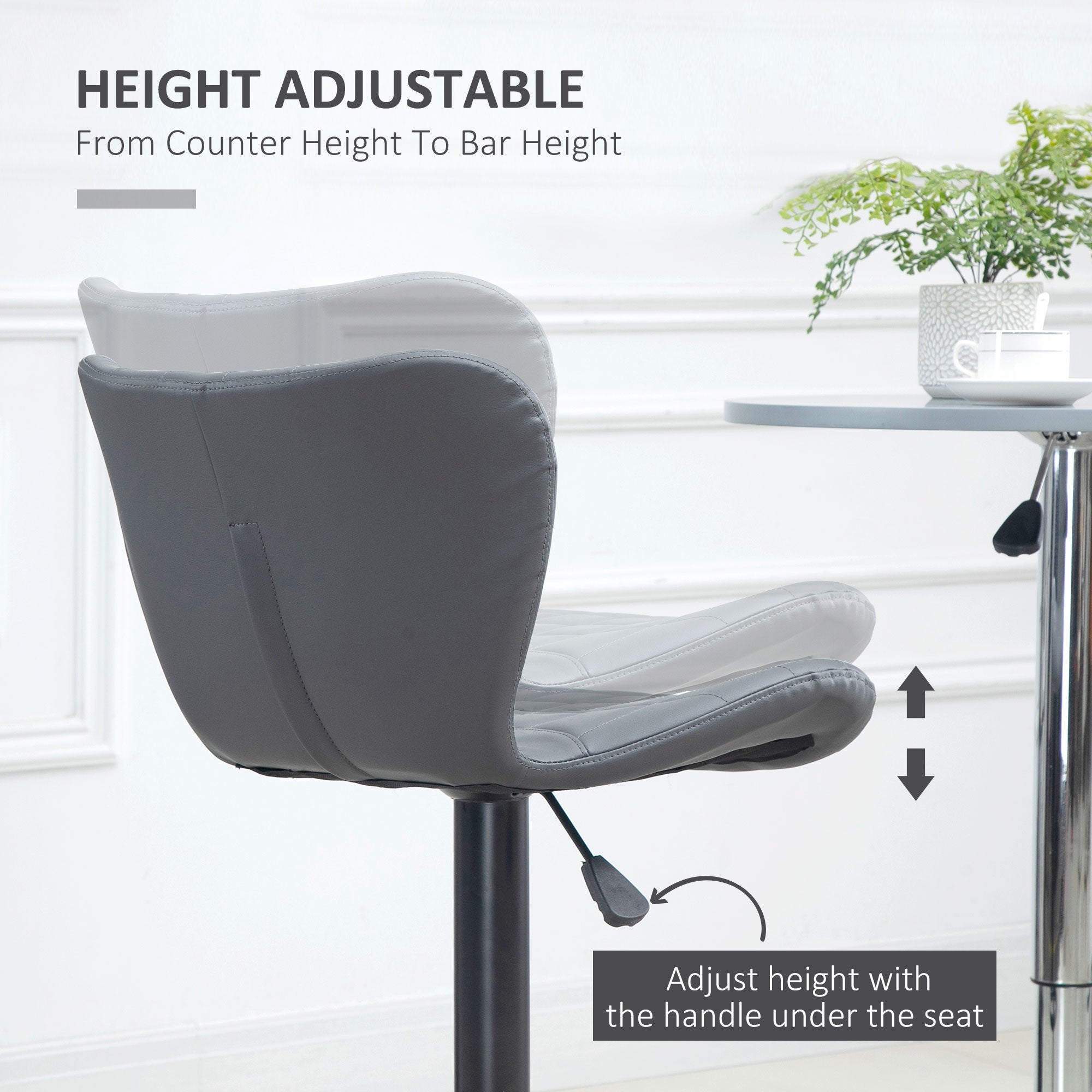 HOMCOM Bar Stools Set of 2 Adjustable Height Swivel Bar Chairs in PU Leather with Backrest & Footrest, Grey - North Peak Garden Furniture