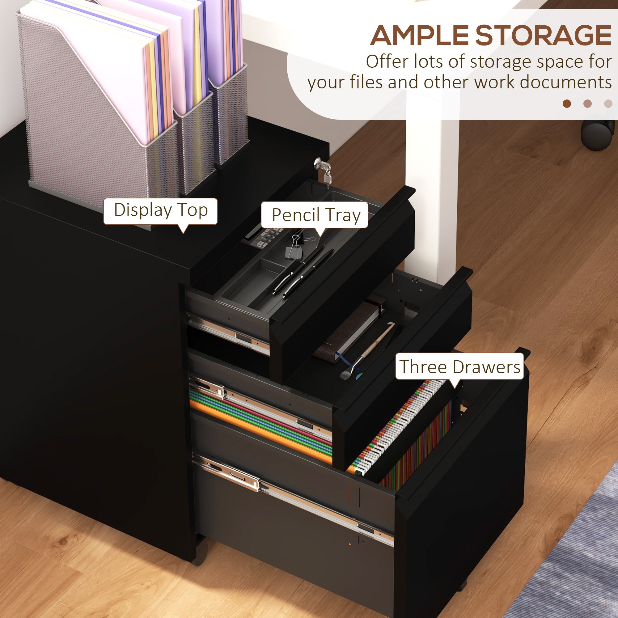 Vinsetto 3-Drawer Mobile Filing Cabinet with Pencil Tray, Steel Lockable File Cabinet for Letter, A4 and Legal Size, Pre-Assembled Body, Black - North Peak Garden Furniture