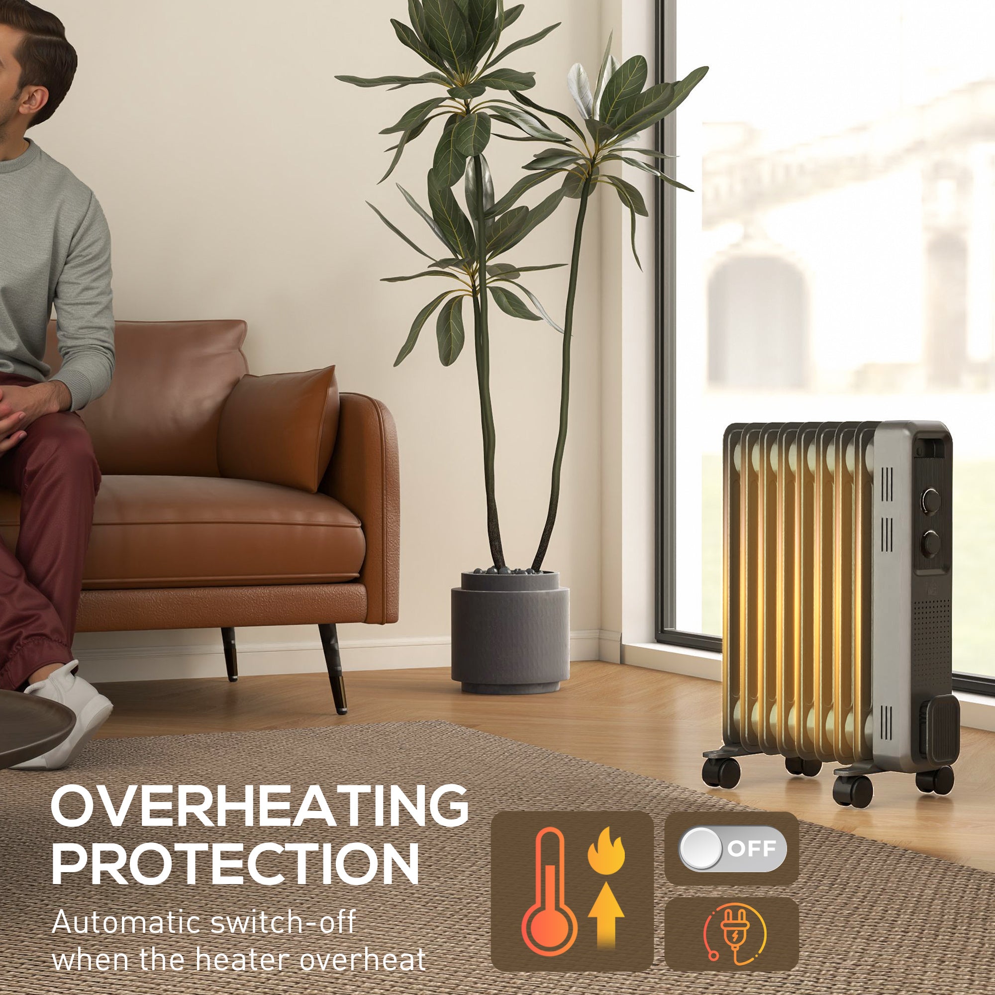 HOMCOM 2000W Oil Filled Radiator, 9 Fin, Portable Electric Heater with 3 Heat Settings, Safety Cut-Off and Wheels, Grey - North Peak Garden Furniture