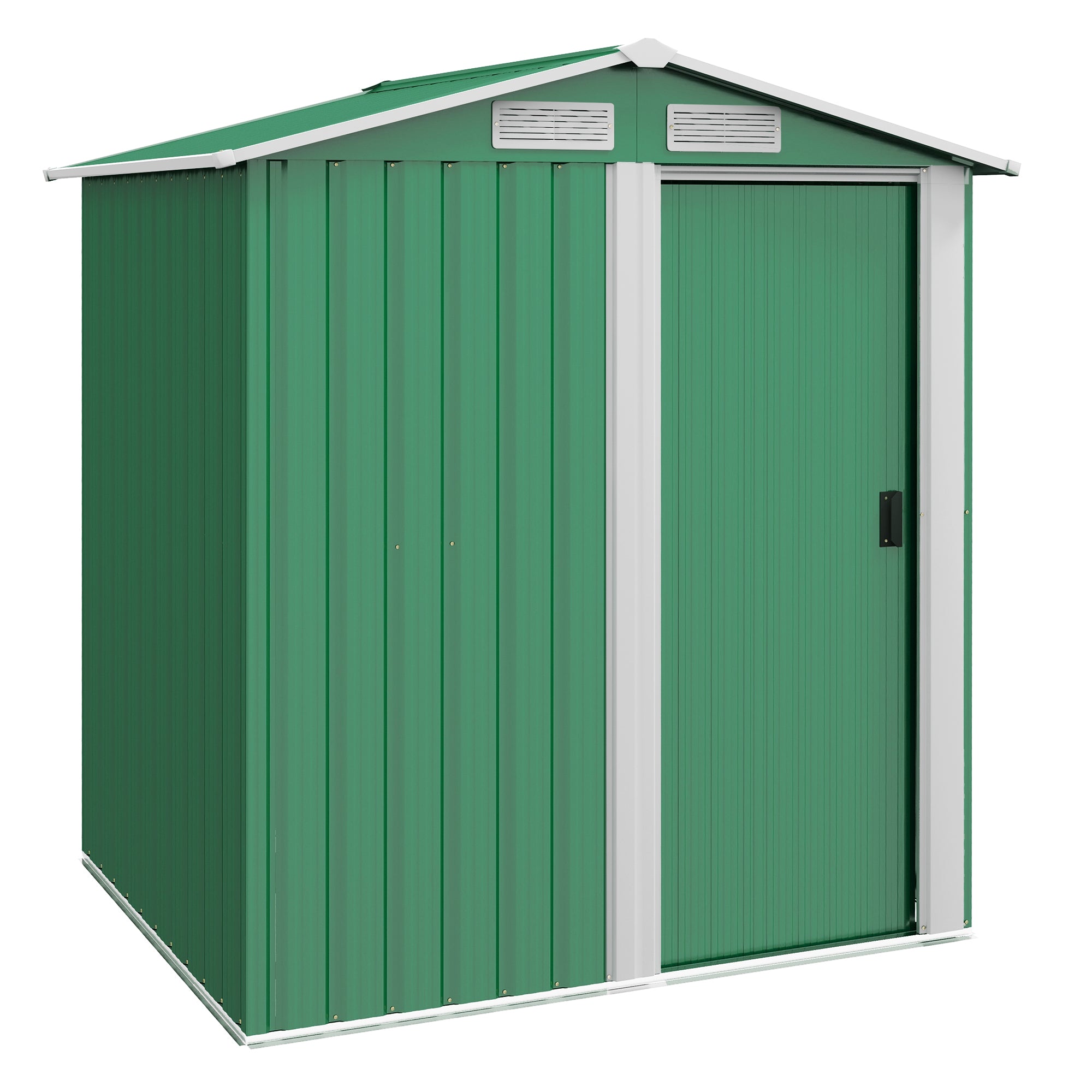 Outsunny Garden Metal Tool Storage Shed with Sliding Door, Sloped Roof and Floor Foundation, 152 x 132 x 188cm, Green - North Peak Garden Furniture