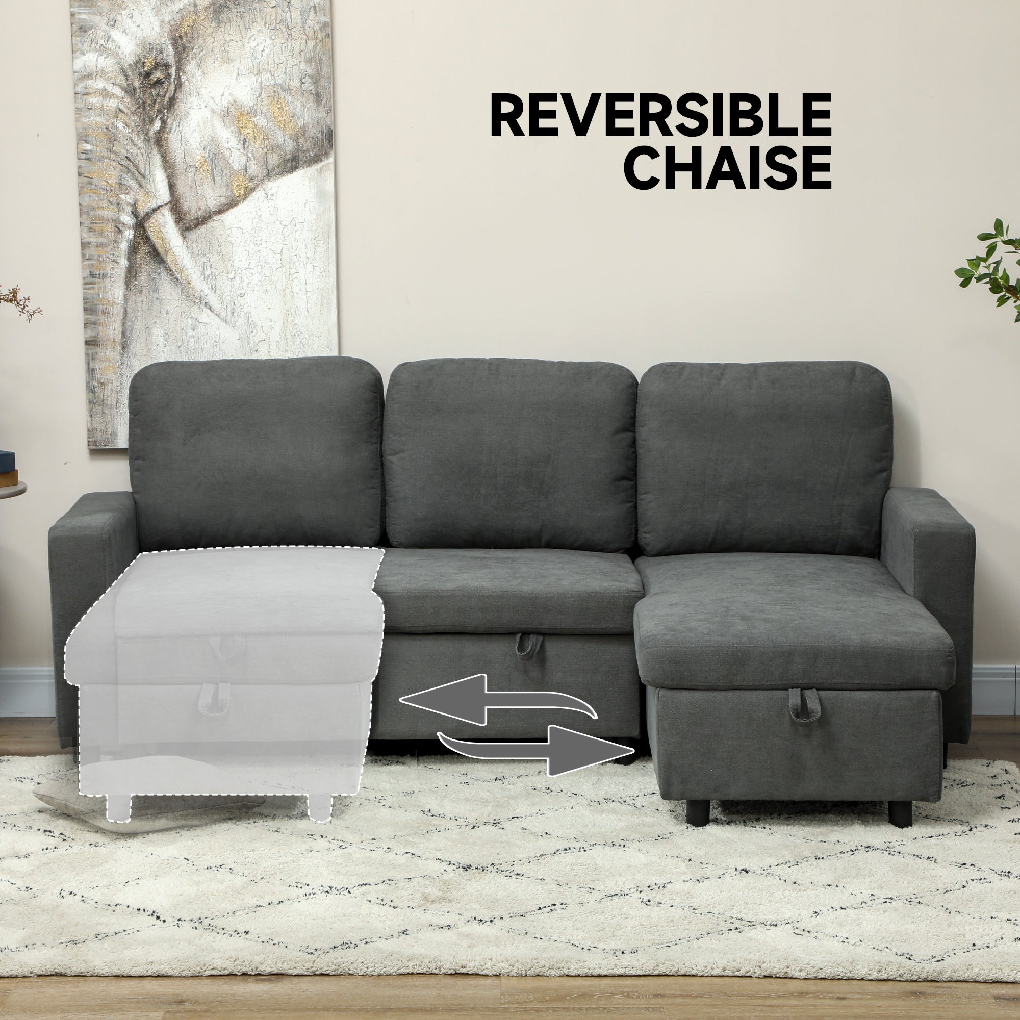 HOMCOM L Sofa Bed, with Storage - Charcoal Grey - North Peak Garden Furniture