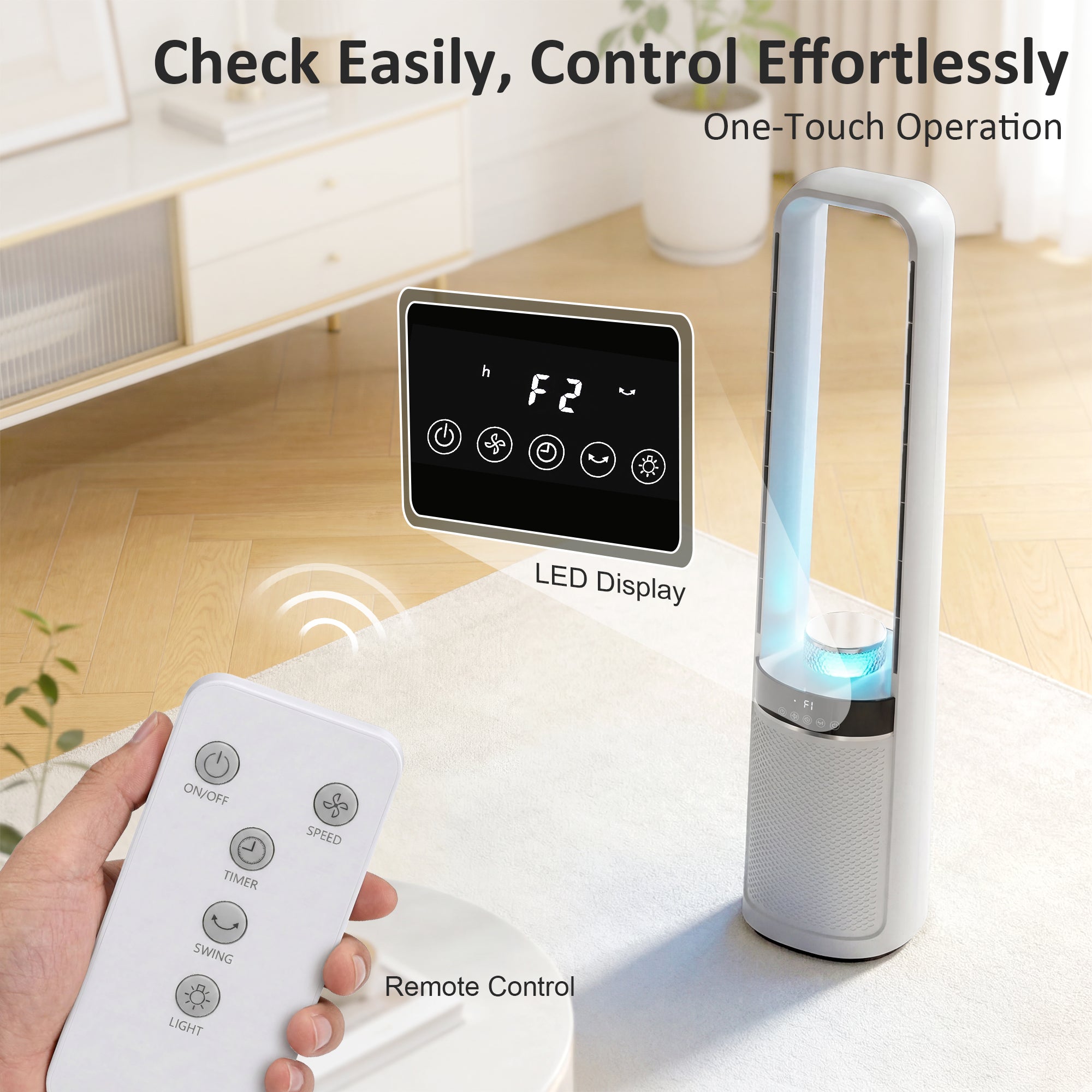 HOMCOM Bladeless Tower Fan, 36dB Standing Cooling Fan with 45° Oscillating, LED Lights, 3 Speeds, 12H Timer, Remote Control