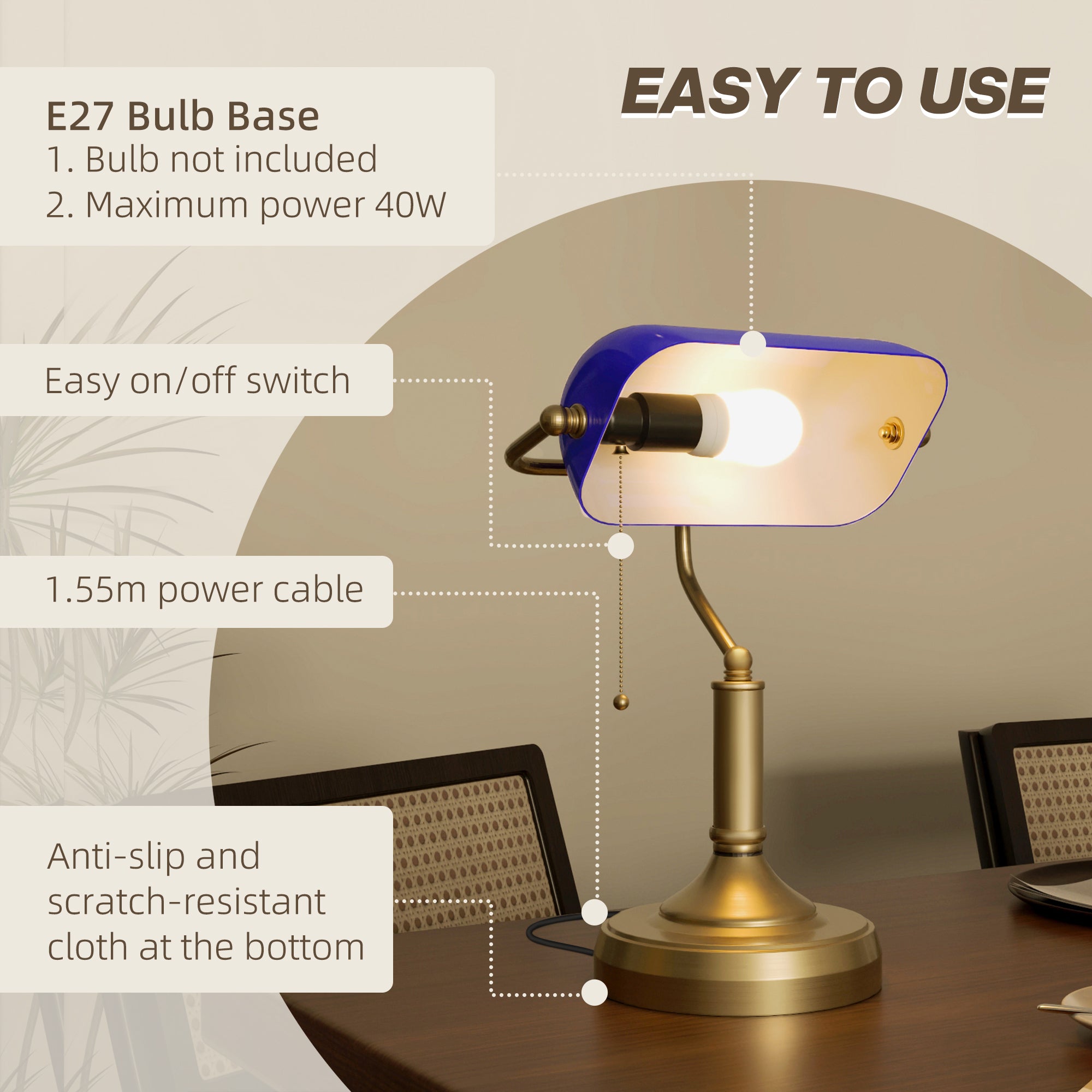 HOMCOM Banker's Desk Lamp with Antique Bronze Tone Base, Table Lamp with Blue Glass Shade for Home Office, Blue - North Peak Garden Furniture