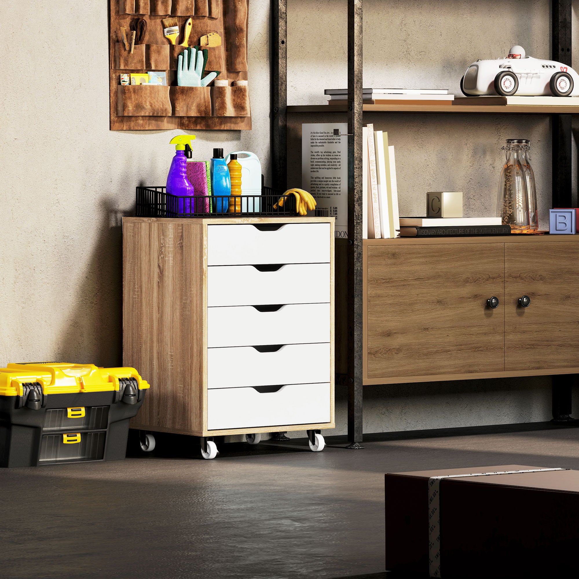 Vinsetto Five-Drawer Filing Cabinet, with Wheels - Oak Brown - North Peak Garden Furniture