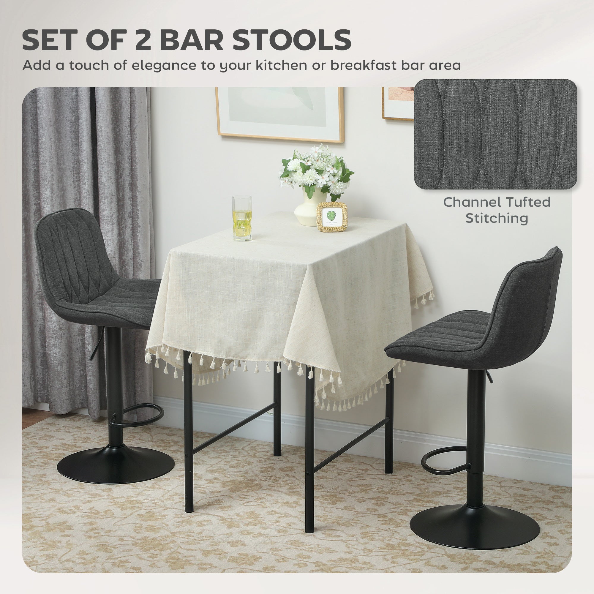 HOMCOM Bar Stools Set of 2, Height Adjustable Swivel Barstools with Backrest and Footrest, Modern Linen Upholstered Armless Bar Chairs for Kitchen, Breakfast Counter, Charcoal Grey - North Peak Garden Furniture