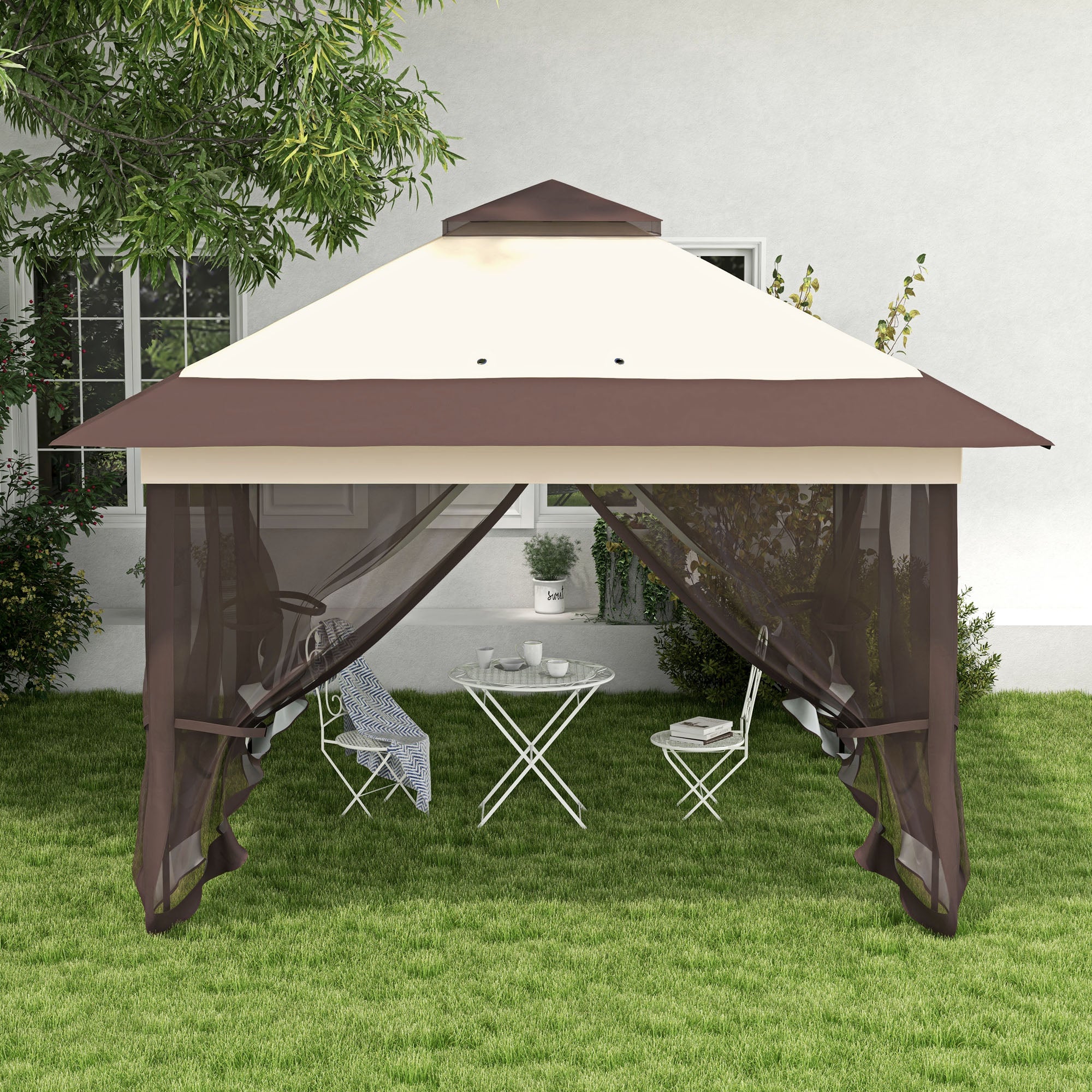 Outsunny 3.6 x 3.6 m Pop up Gazebo with Netting, Height Adjustable Party Tent Instant Canopy Sun Shade Shelter, Khaki - North Peak Garden Furniture
