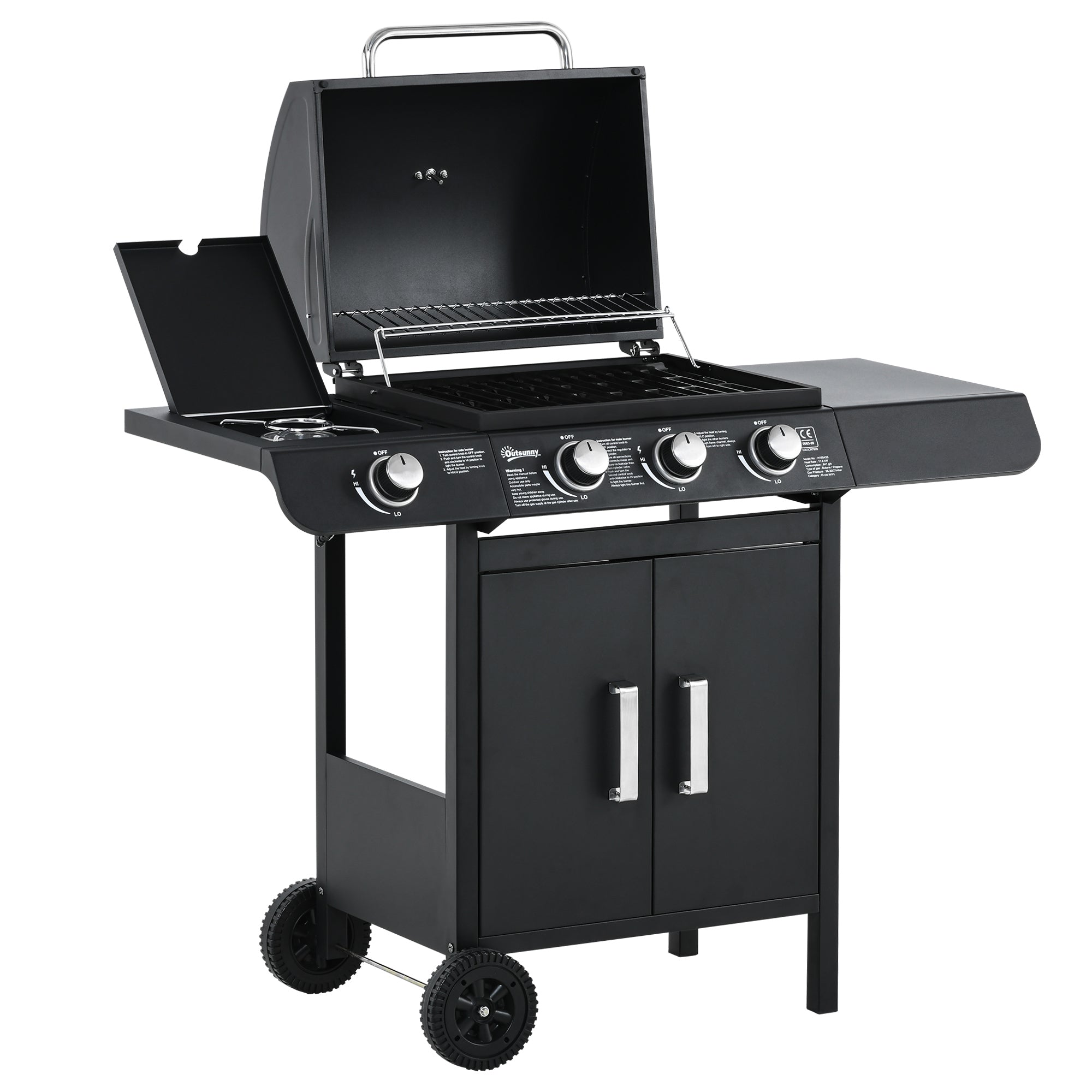 Outsunny Gas Burner Barbecue Grill 3+1 Burner Garden BBQ Trolley w/ Side Burner Warming Rack Side Shelves Storage Cabinet Piezo Ignition Thermometer 110x50x100cm - North Peak Garden Furniture