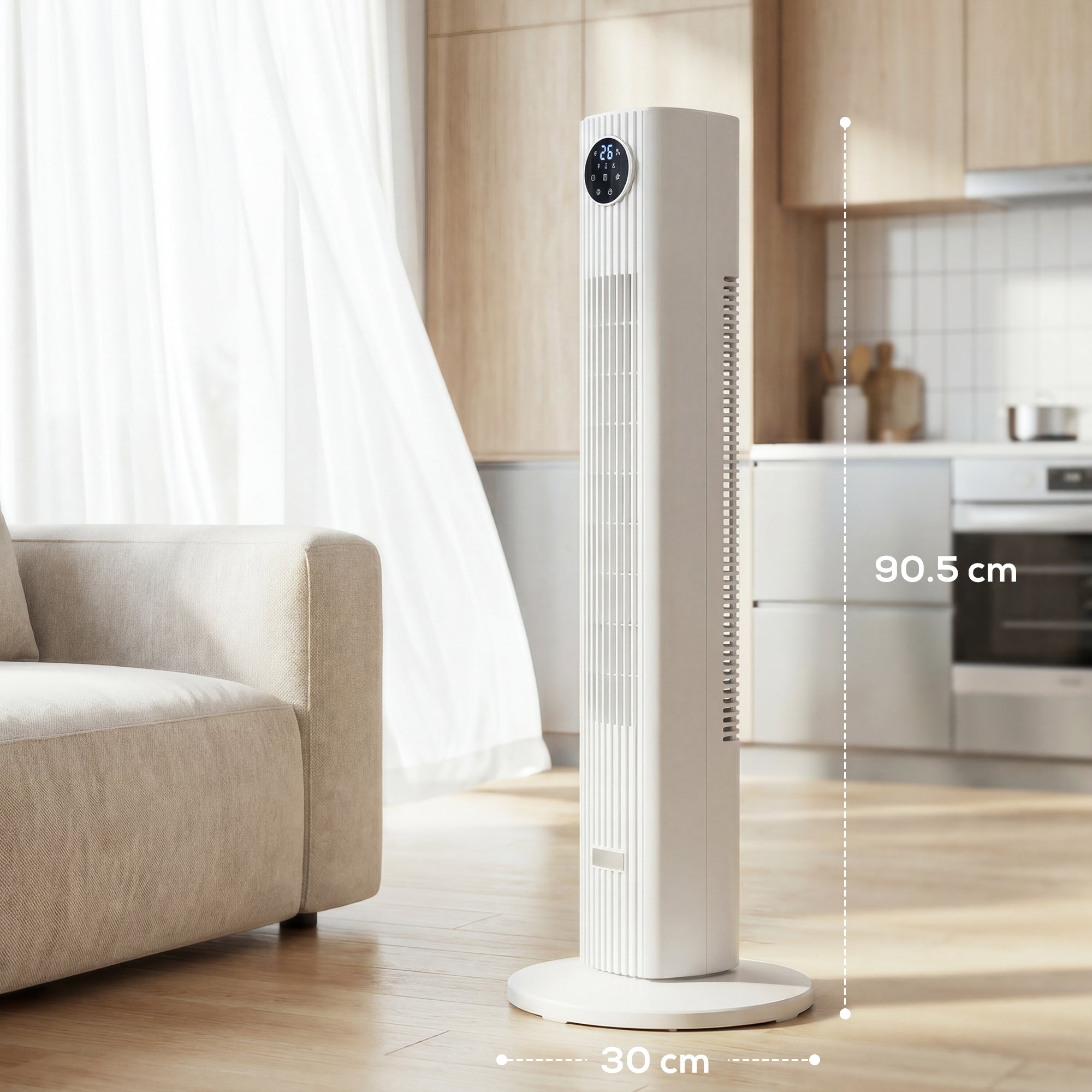 HOMCOM 28dB Tower Fan for Bedroom, 26 ft/s Velocity Standing Cooling Fan with 80° Oscillating, 12 Speeds, LED Display, 4 Modes, 12H Timer, Remote Control, 36 inch, White