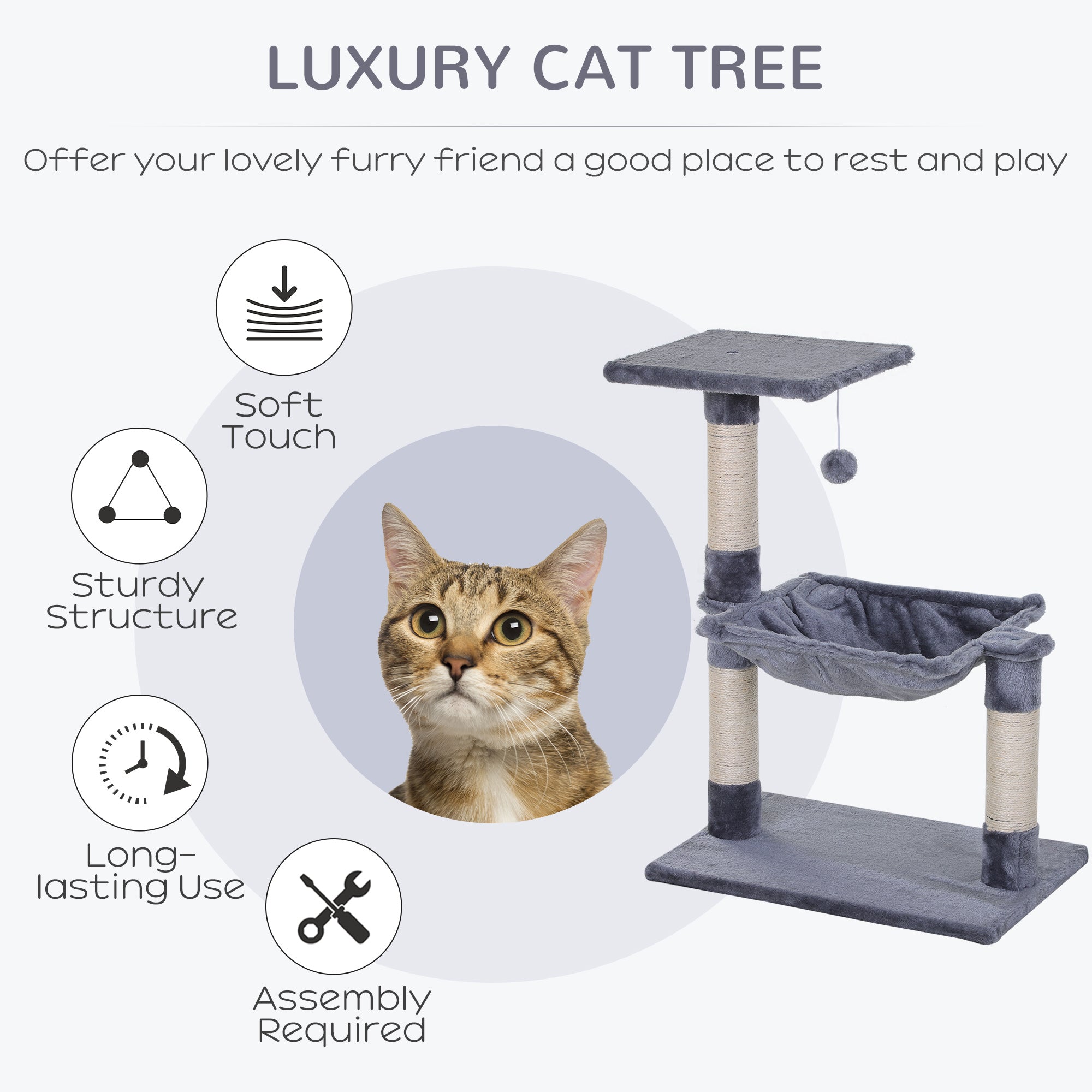 PawHut Cat Scratch Post with Bed Cat Tree for Indoor Cats Sisal Scratching Posts Hammock Kitty Activity Centre Grey - North Peak Garden Furniture