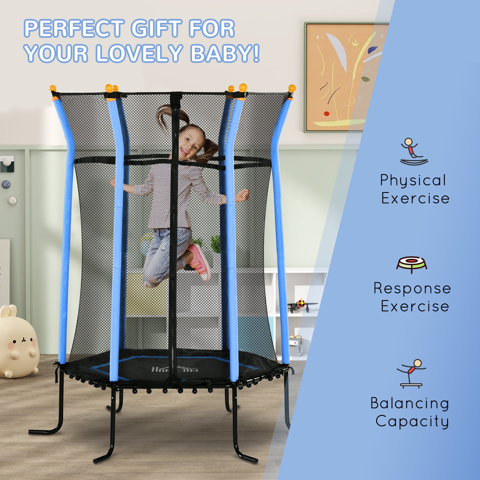 HOMCOM Kids Trampoline Mini Bouncer with Enclosure Safety Net For Ages 3-10 Years - Blue - North Peak Garden Furniture