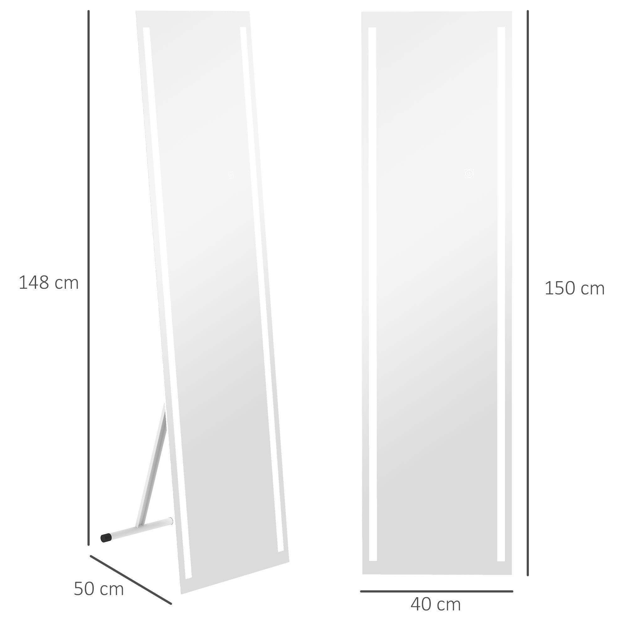 HOMCOM Standing Dressing Mirror with LED Lights, Wall Dressing Mirror for Bedroom with Dimmable and 3 Colour Lighting, White - North Peak Garden Furniture