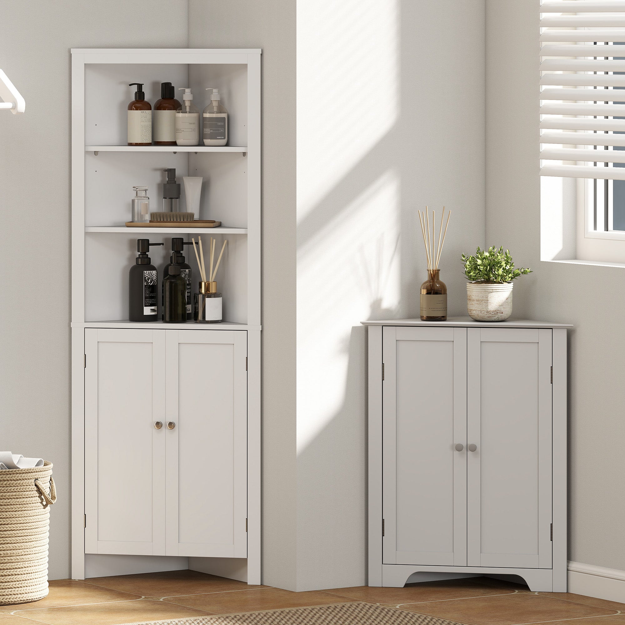 kleankin Triangle Bathroom Cabinet, Corner Bathroom Storage Unit with Cupboard and 3-Tier Shelves, Free Standing, White