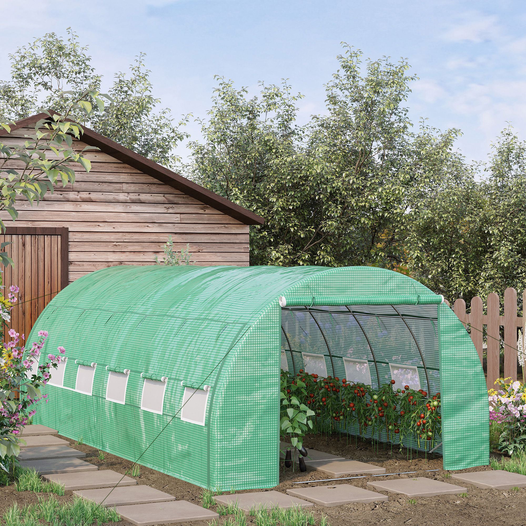 Outsunny Polytunnel Greenhouse Walk-in Grow House Tent with Roll-up Sidewalls, Zipped Door and 12 Windows, 6x3x2m Green - North Peak Garden Furniture