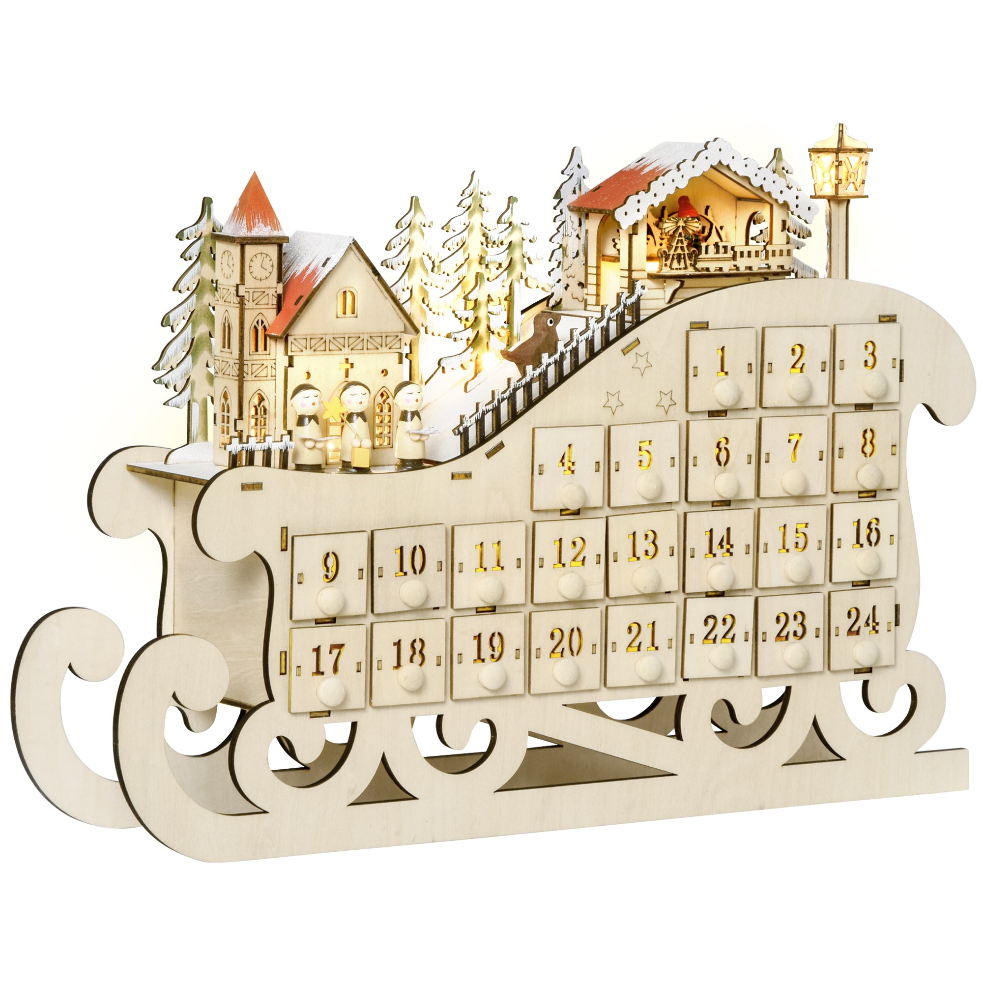HOMCOM Christmas Advent Calendar, 2021 Light Up Table Xmas Wooden Sleigh Holiday Decoration with Countdown Drawer, Village, for kids Adults, Natural Wood Color - North Peak Garden Furniture