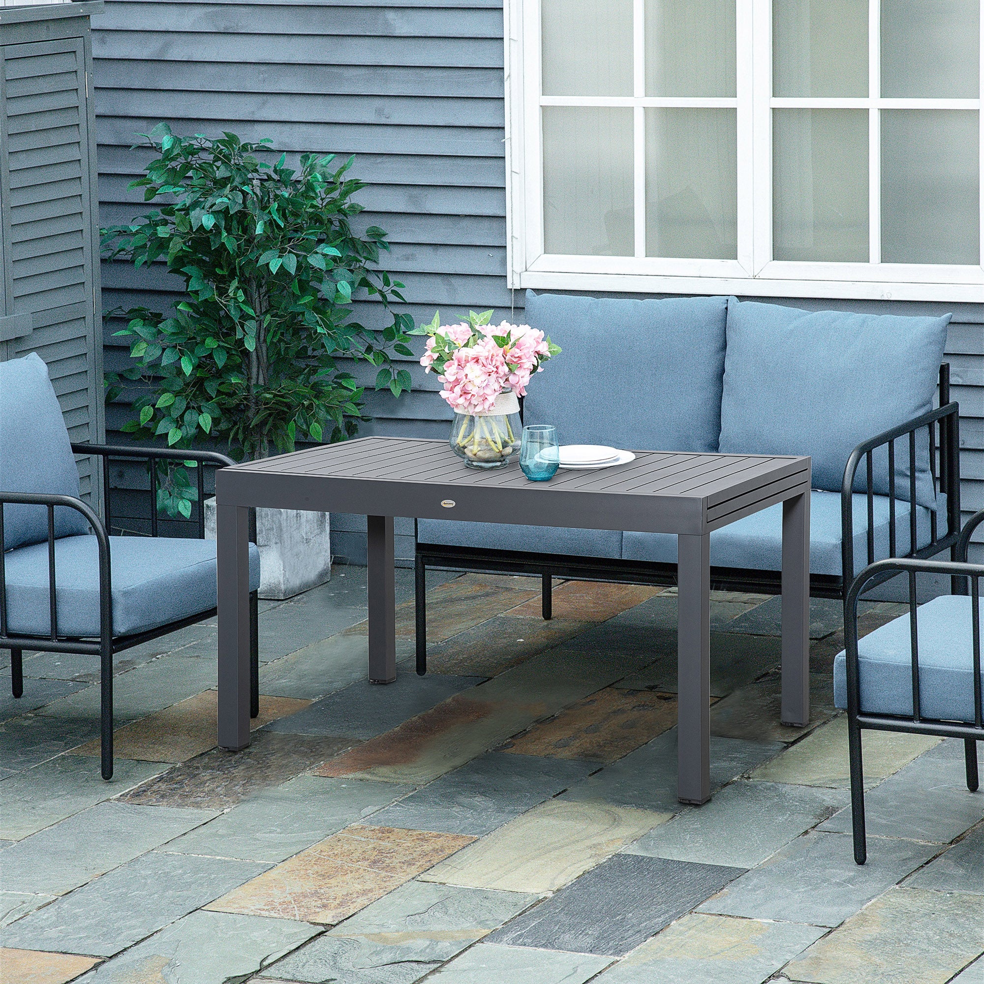Outsunny Extendable Garden Table 135-270cm x 90cm x 75cm, 10 Seater Outdoor Dining Table with Aluminium Frame for Lawn, Balcony and Backyard, Grey - North Peak Garden Furniture