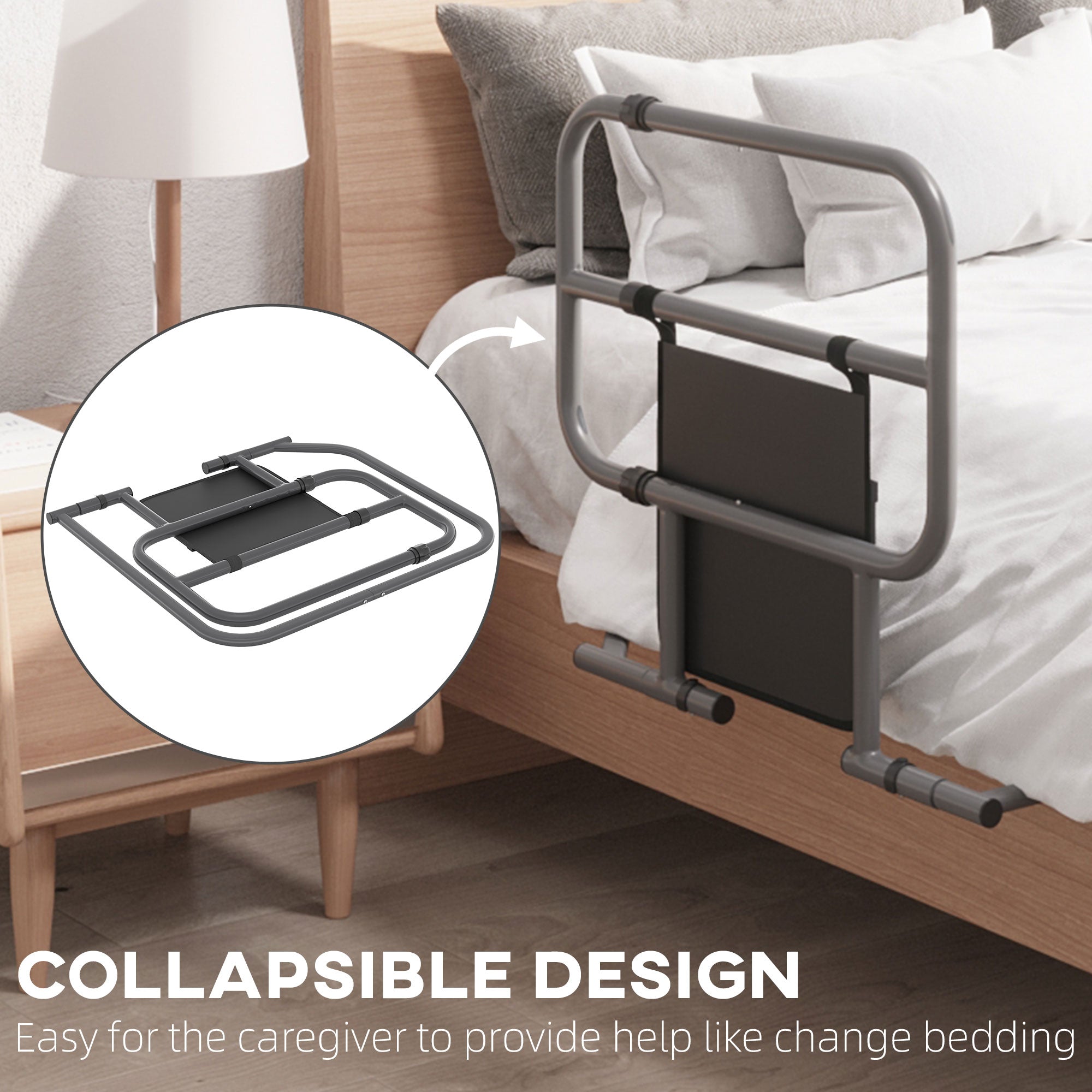 HOMCOM Folding Bed Rail for Elderly Adults, Bed Assist Rail with Storage Pocket for Disabled, Pregnant, Black - North Peak Garden Furniture