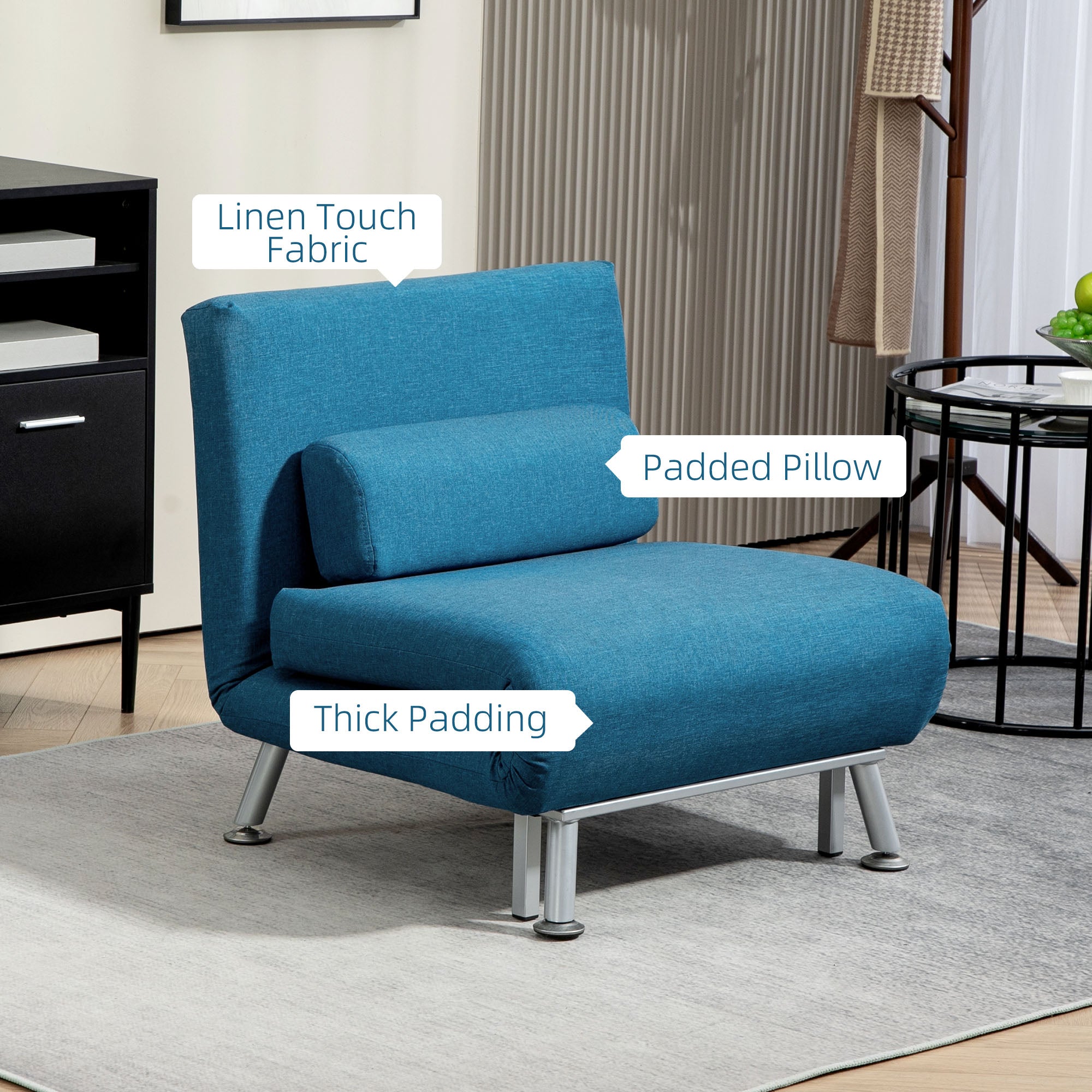 HOMCOM Single Linen-Look Sleeper Chair - Blue - North Peak Garden Furniture