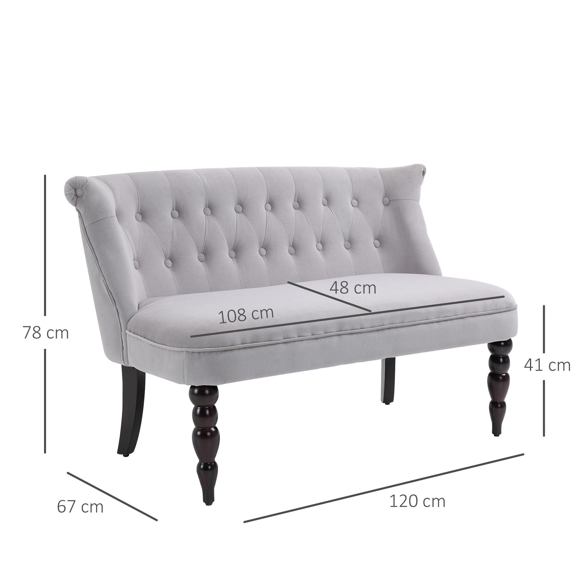 HOMCOM Loveseat with Wood Frame, Compact 2 Seater Sofa, Button Tufted Chaise Lounger with Carved Legs, Vintage Design for Bedroom Living room, Grey - North Peak Garden Furniture