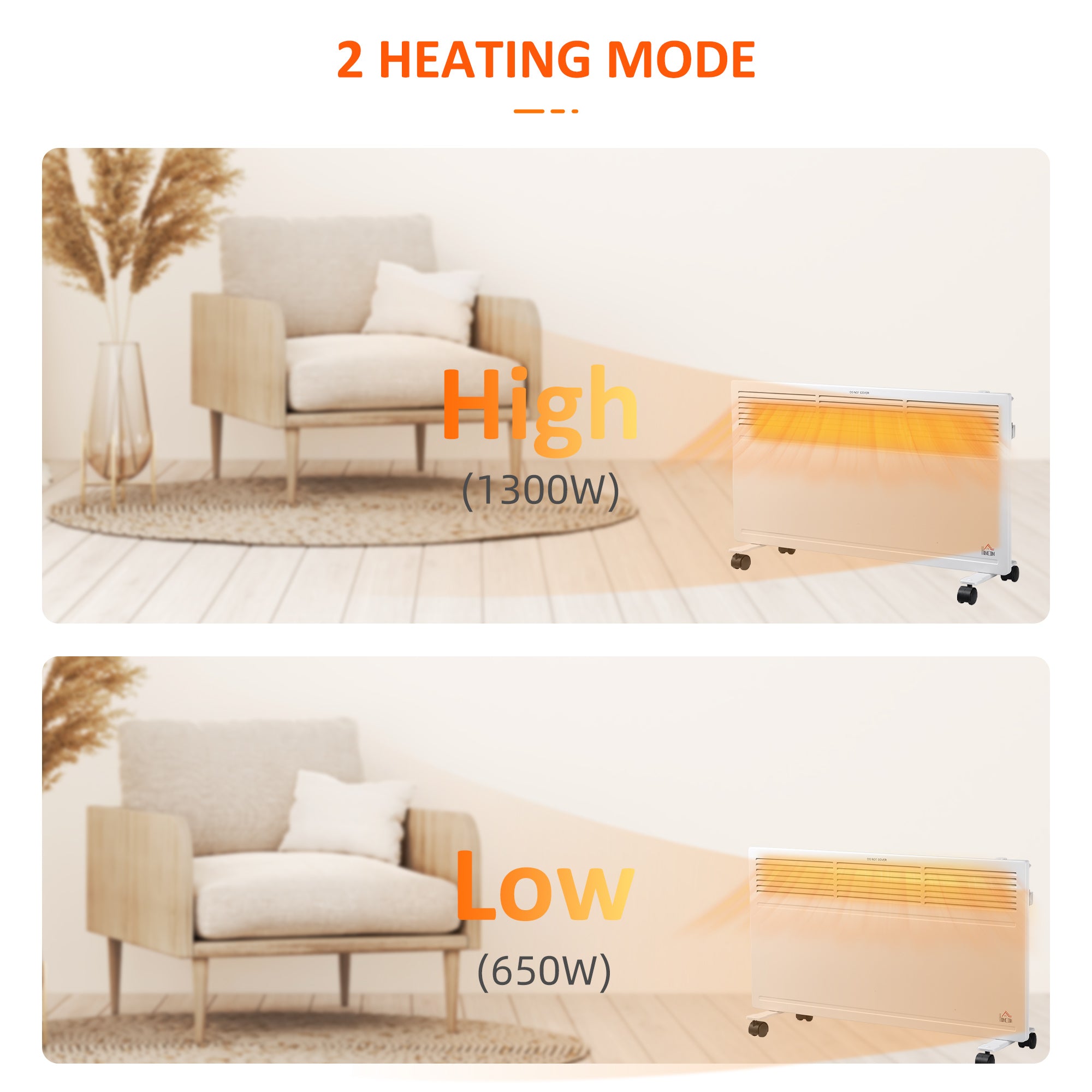 HOMCOM Convector Radiator Heater Freestanding or Wall-mounted Portable Electric Heating with 2 Heat Settings, Adjustable Thermostat and Safety Cut-Off, White - North Peak Garden Furniture