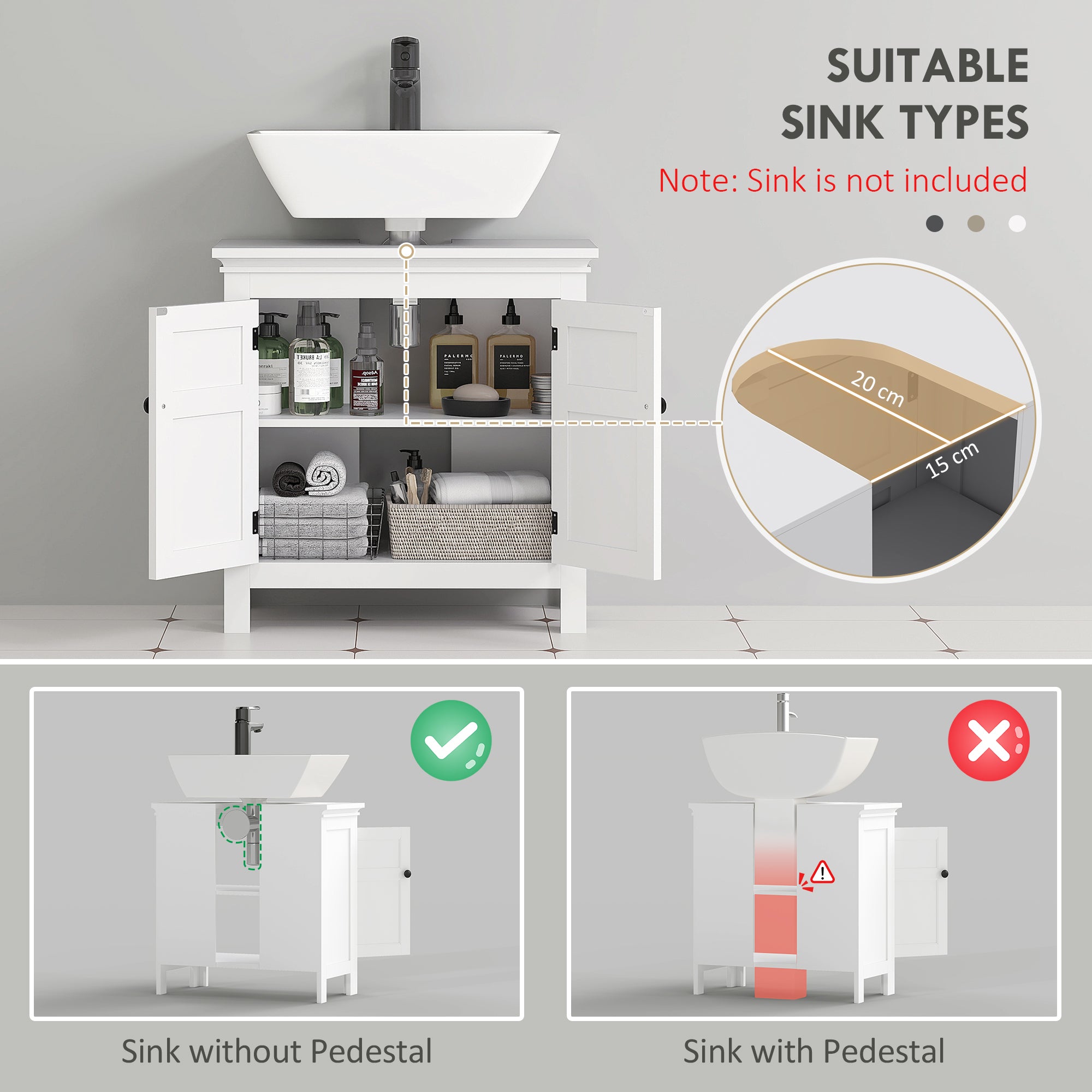 HOMCOM 15 x 20cm 'U' Cut Out Bathroom Storage Cabinet - White - North Peak Garden Furniture