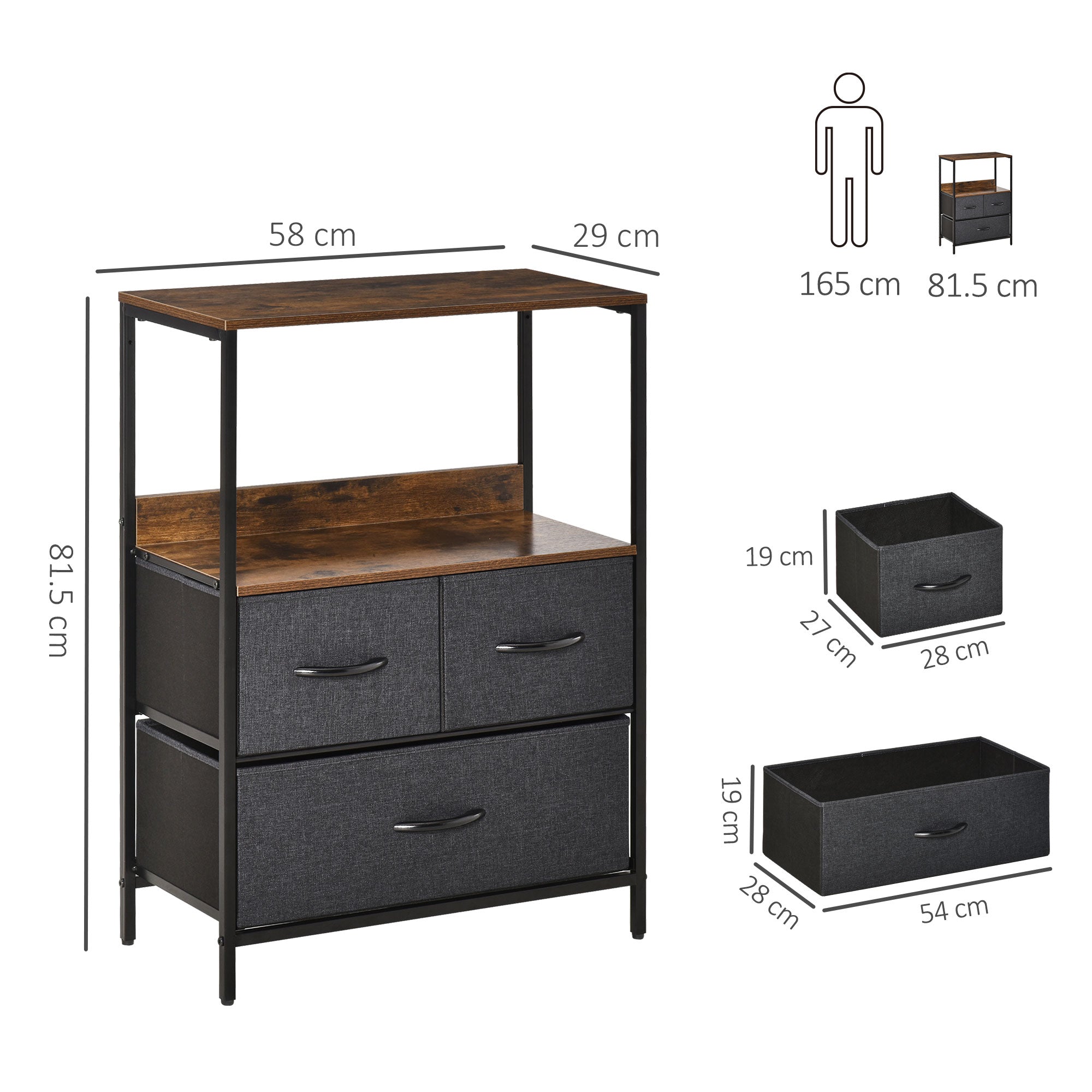 HOMCOM 3 Drawer Storage Chest Unit Home Cabinet w/ Shelves Home Living Room Bedroom Entryway Living Furniture, Black - North Peak Garden Furniture