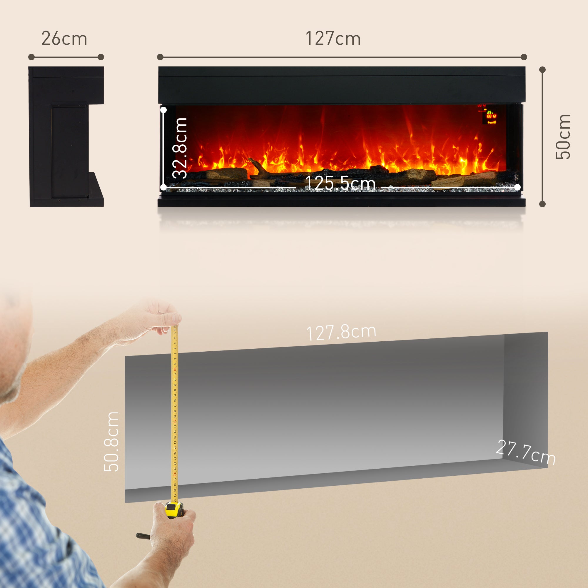 HOMCOM 1800W 15-40℃ Adjustable Flame Glass Panel Convector Heater, 127cm - North Peak Garden Furniture