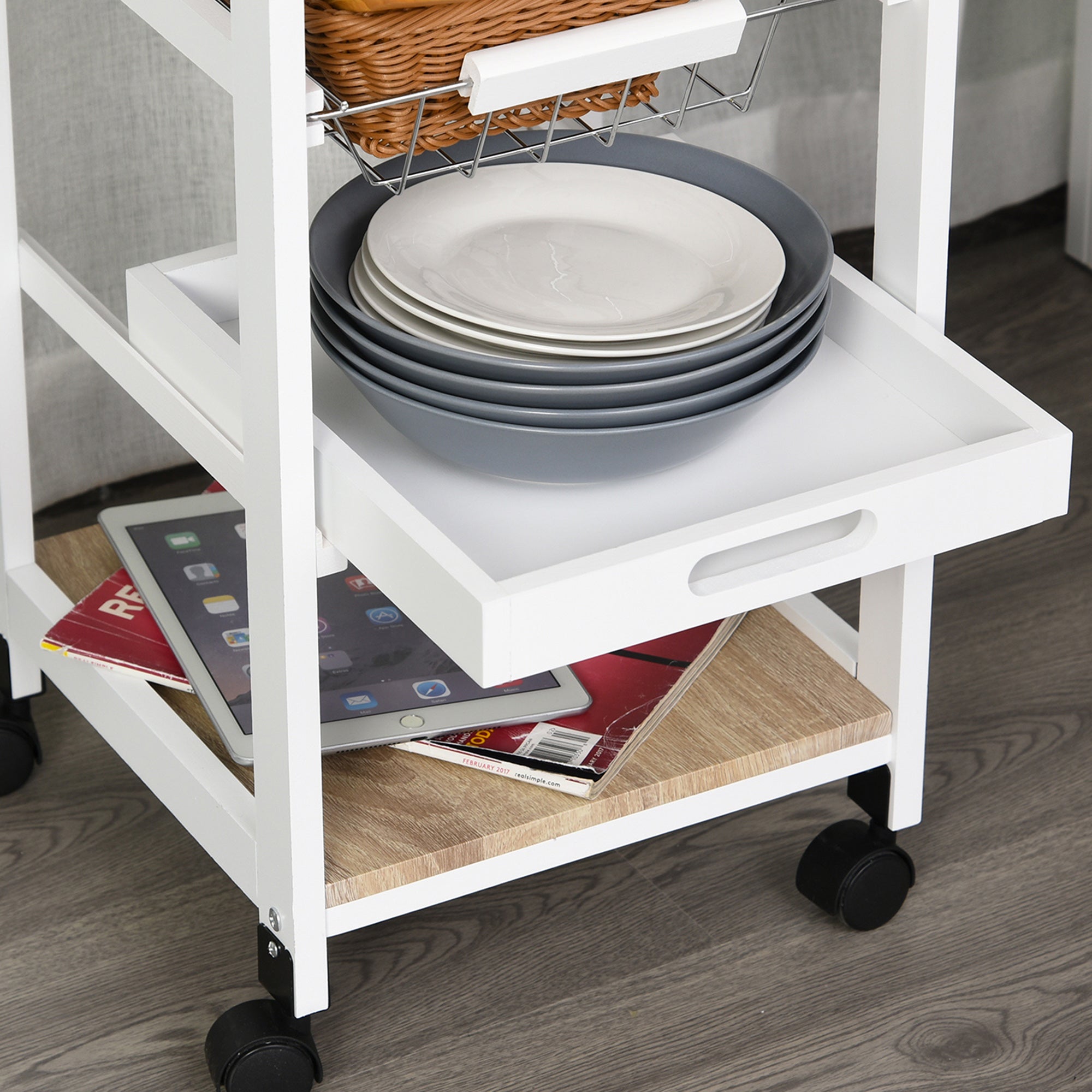 HOMCOM Mobile Rolling Kitchen Island Trolley for Home w/ Metal Baskets Trays Shelves Wheels Compact Stylish Storage White - North Peak Garden Furniture