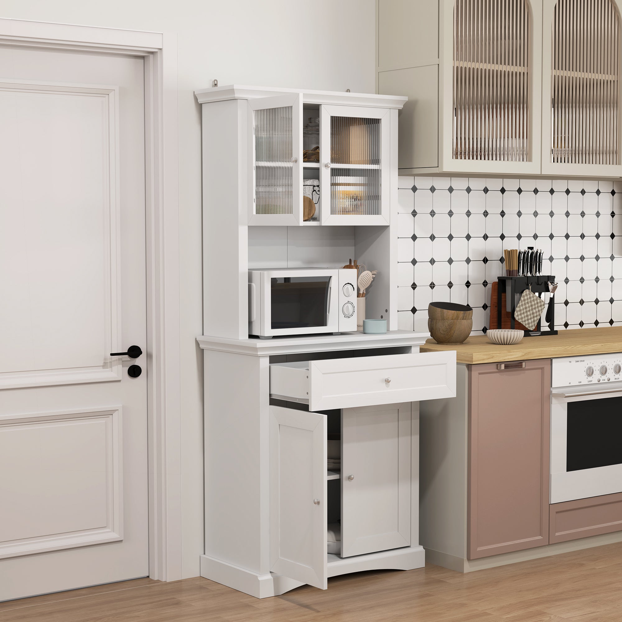 HOMCOM 4-Door Kitchen Cupboard with Drawer, Freestanding Kitchen Cabinet with Glass Doors, Adjustable Shelves and Open Counter, White - North Peak Garden Furniture