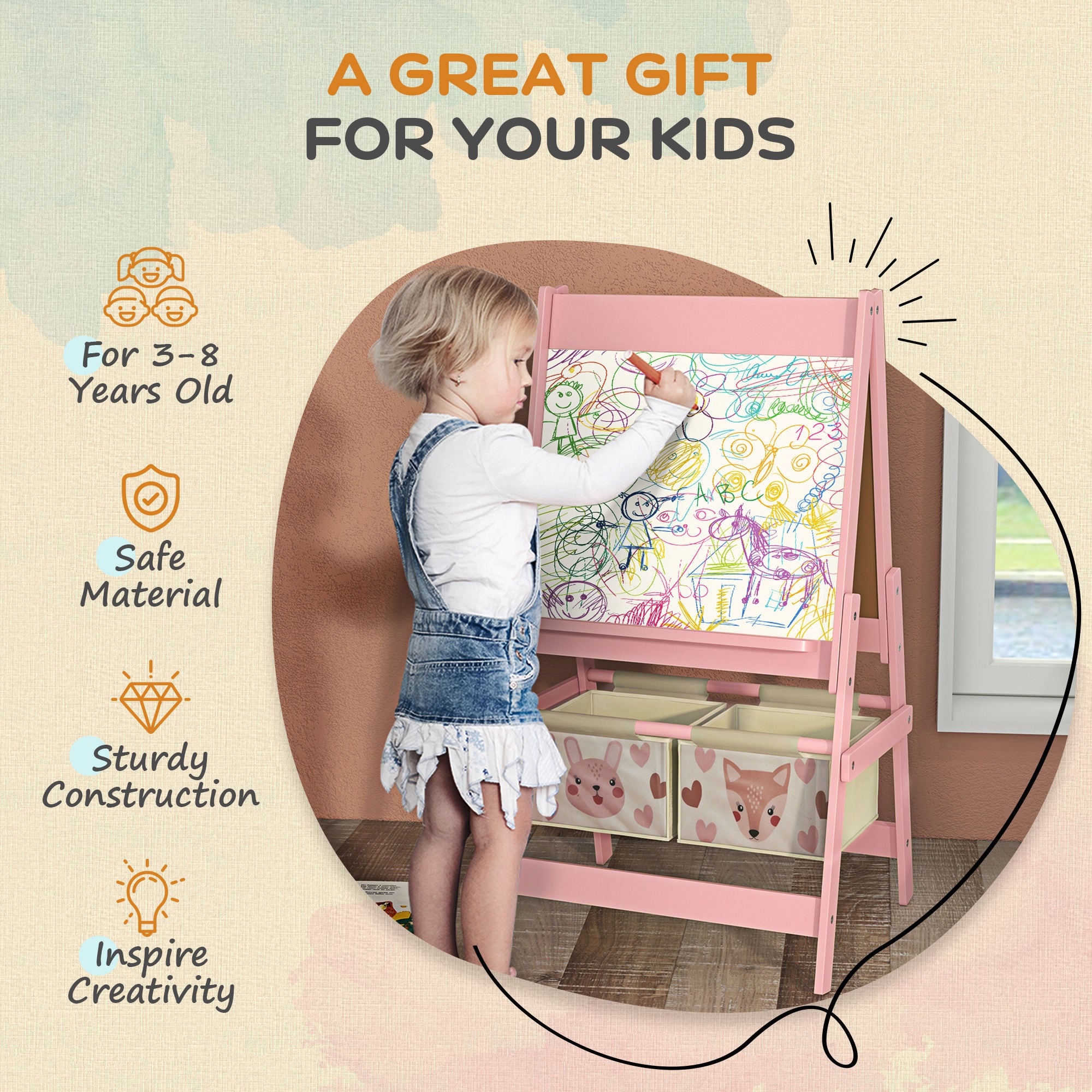 AIYAPLAY Three-In-One Kids Easel with Paper Roll, Art Easel, with Storage - Pink - North Peak Garden Furniture