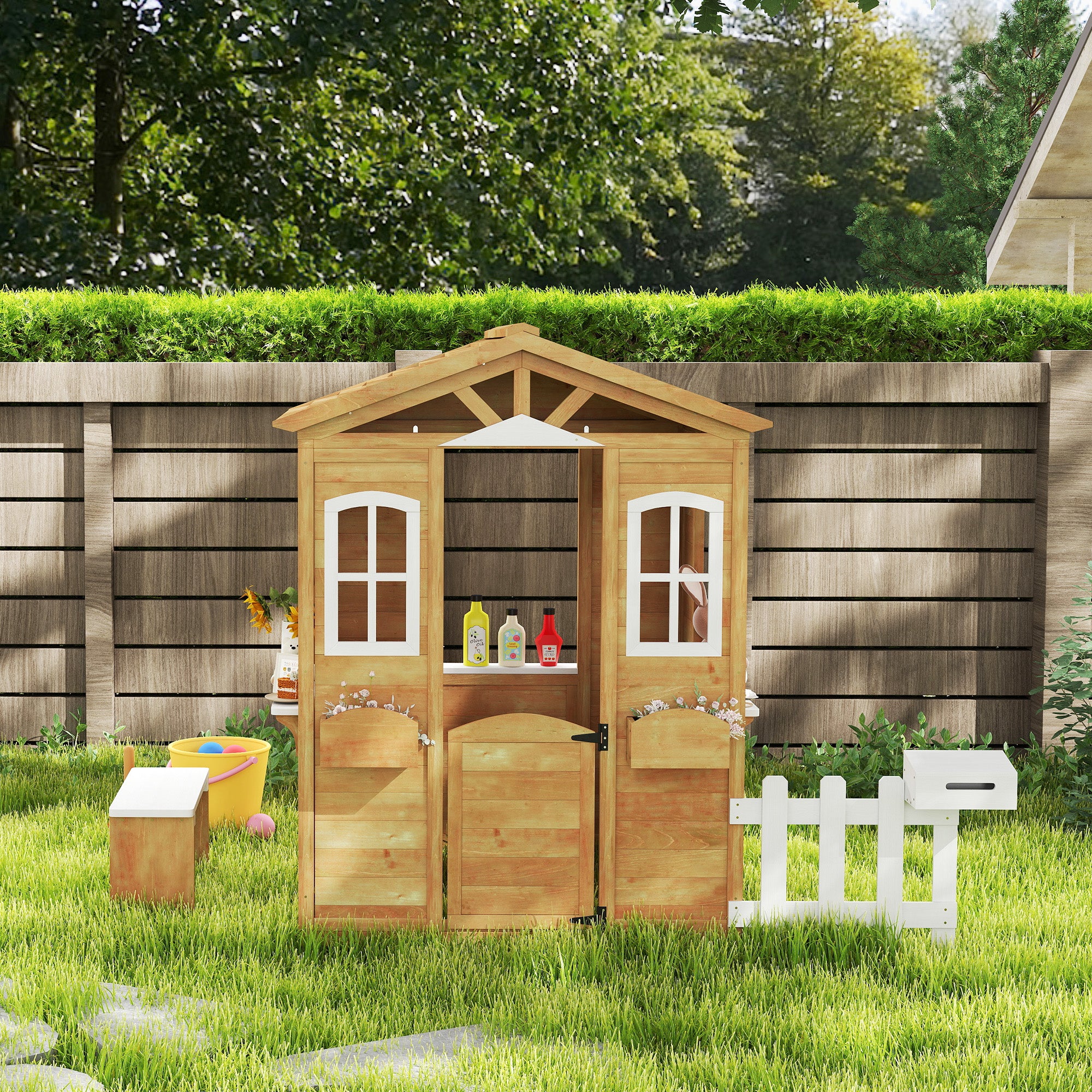 Outsunny Wooden Playhouse for Kids with Door, Windows, Mailbox, Flower Pot Holder, Serving Station, Bench for Children, Yellow - North Peak Garden Furniture