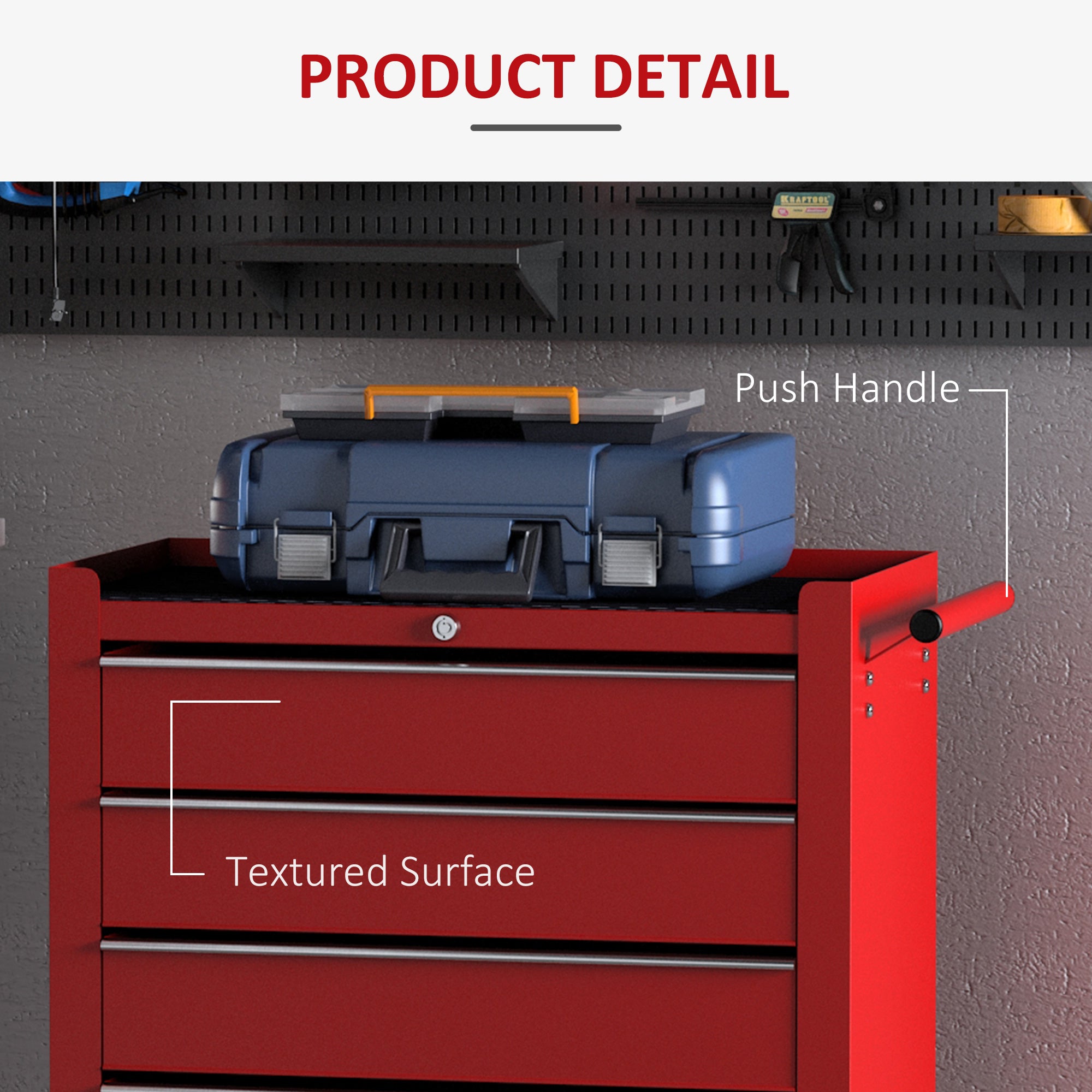 HOMCOM 5 Drawer Tool Chest on Wheels, Lockable Steel Tool Trolley with Side Handle for Workshop, Garage, Red - North Peak Garden Furniture