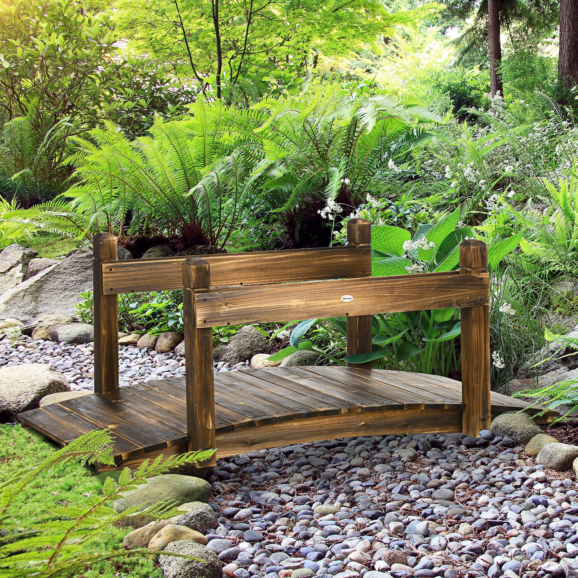 Outsunny 5FT Wooden Garden Bridge with Planters on Safety Railings, Stained Finish Arc Footbridge for Pond Backyard Stream - North Peak Garden Furniture