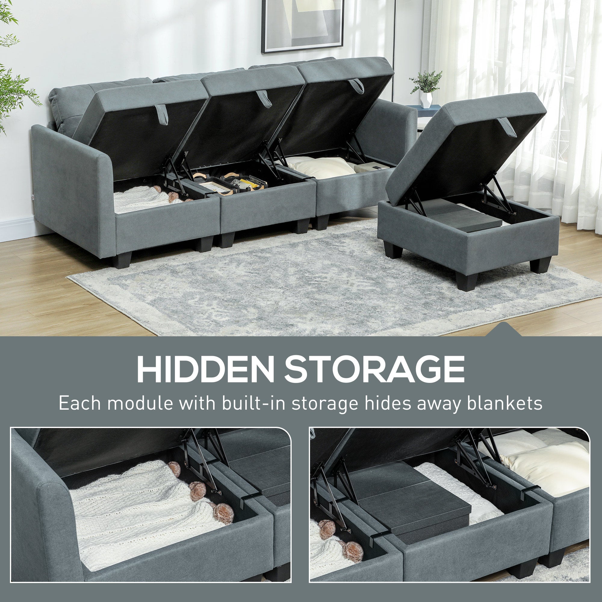 HOMCOM 'L' Shape Modular Sofa, with Storage - Dark Grey - North Peak Garden Furniture