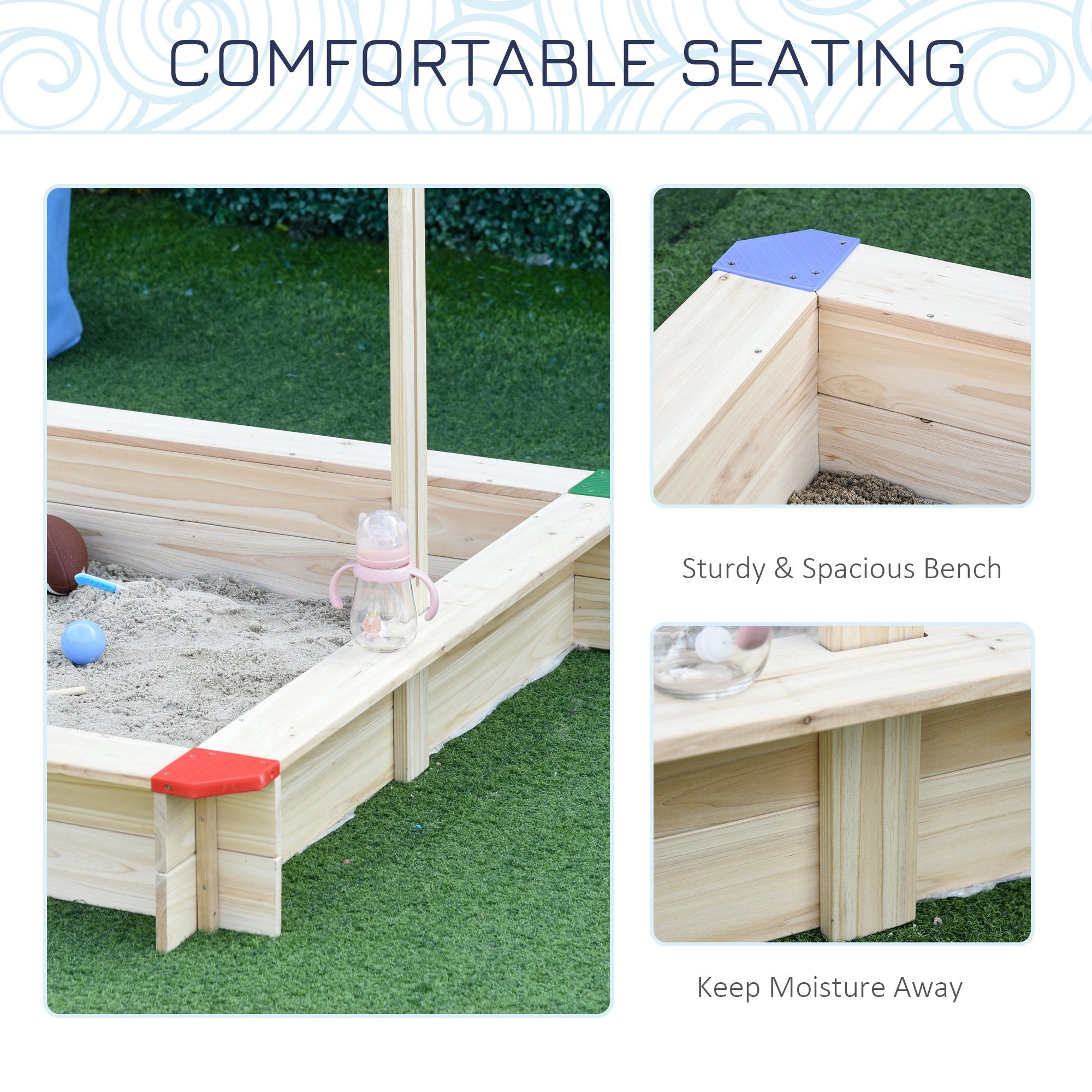 Outsunny Kids Wooden Sand Pit Children Square Sandbox Outdoor Playset Play Station Adjustable Canopy Bench Seat 120x120x120cm - North Peak Garden Furniture