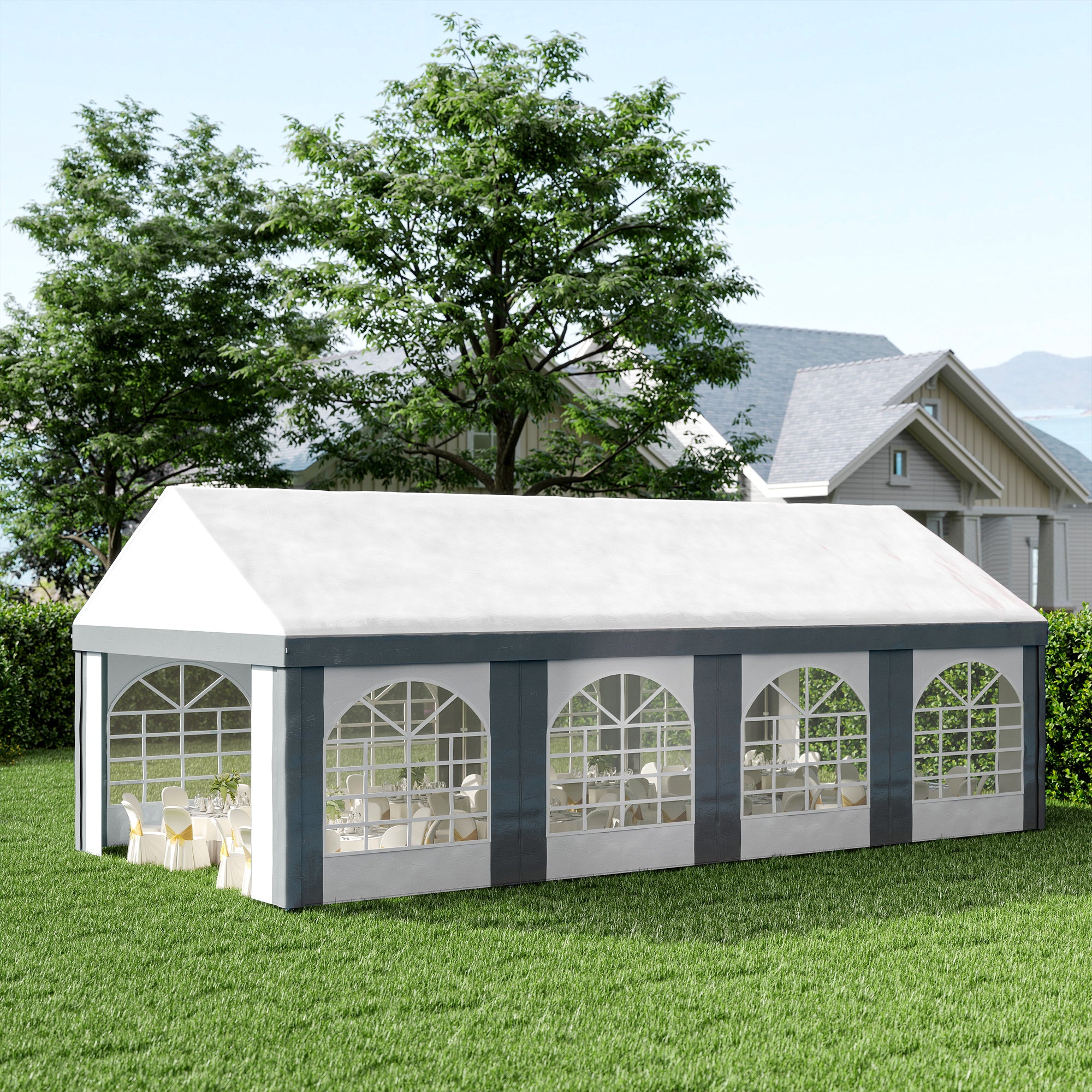 Outsunny 8 x 4m Galvanised Party Tent, Marquee Gazebo with Sides, Eight Windows and Double Doors, for Parties, Wedding and Events