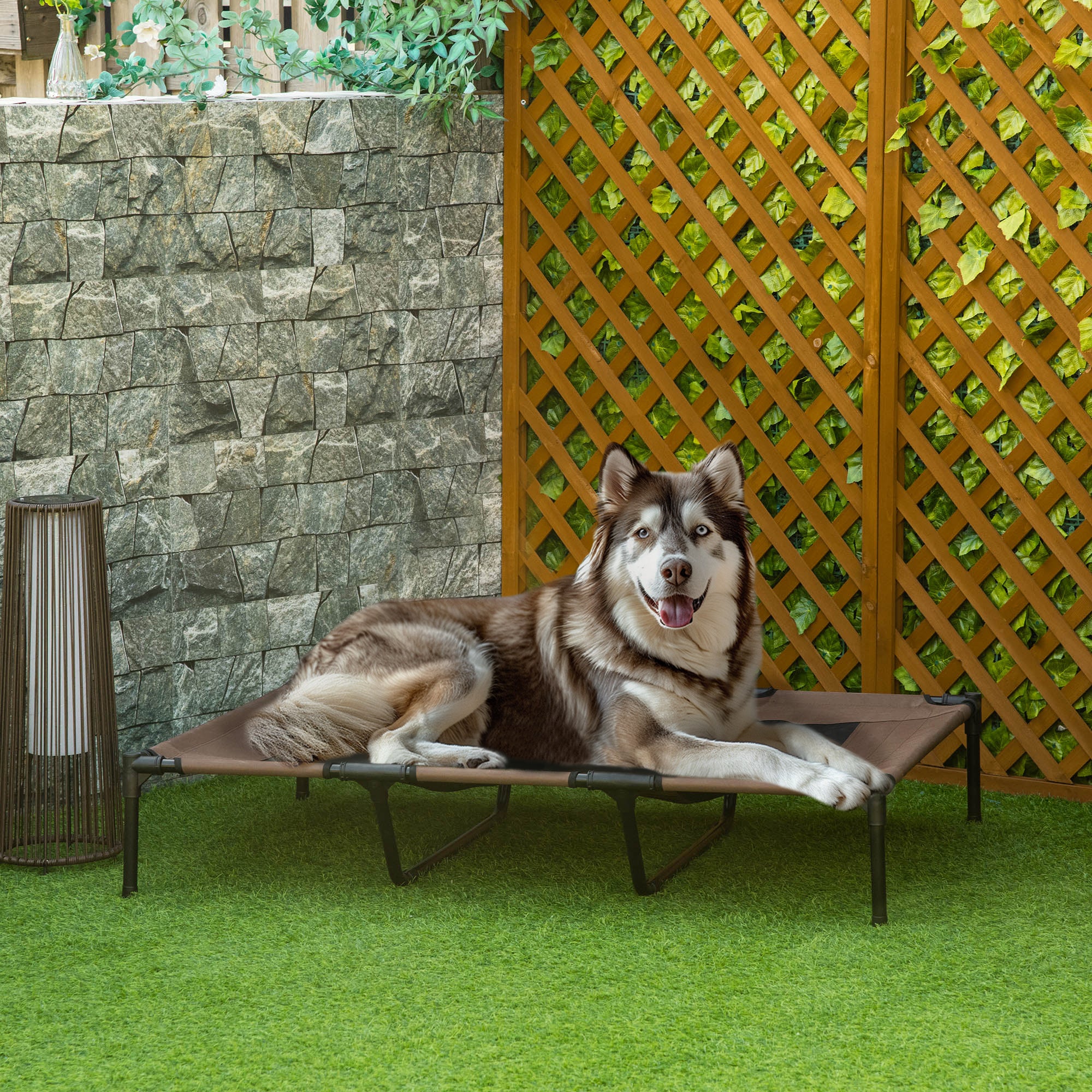 PawHut Raised Dog Bed Cooling Elevated Pet Cot with Breathable Mesh for Indoor Outdoor Use Brown, XX Large, 122 x 92 x 23cm - North Peak Garden Furniture