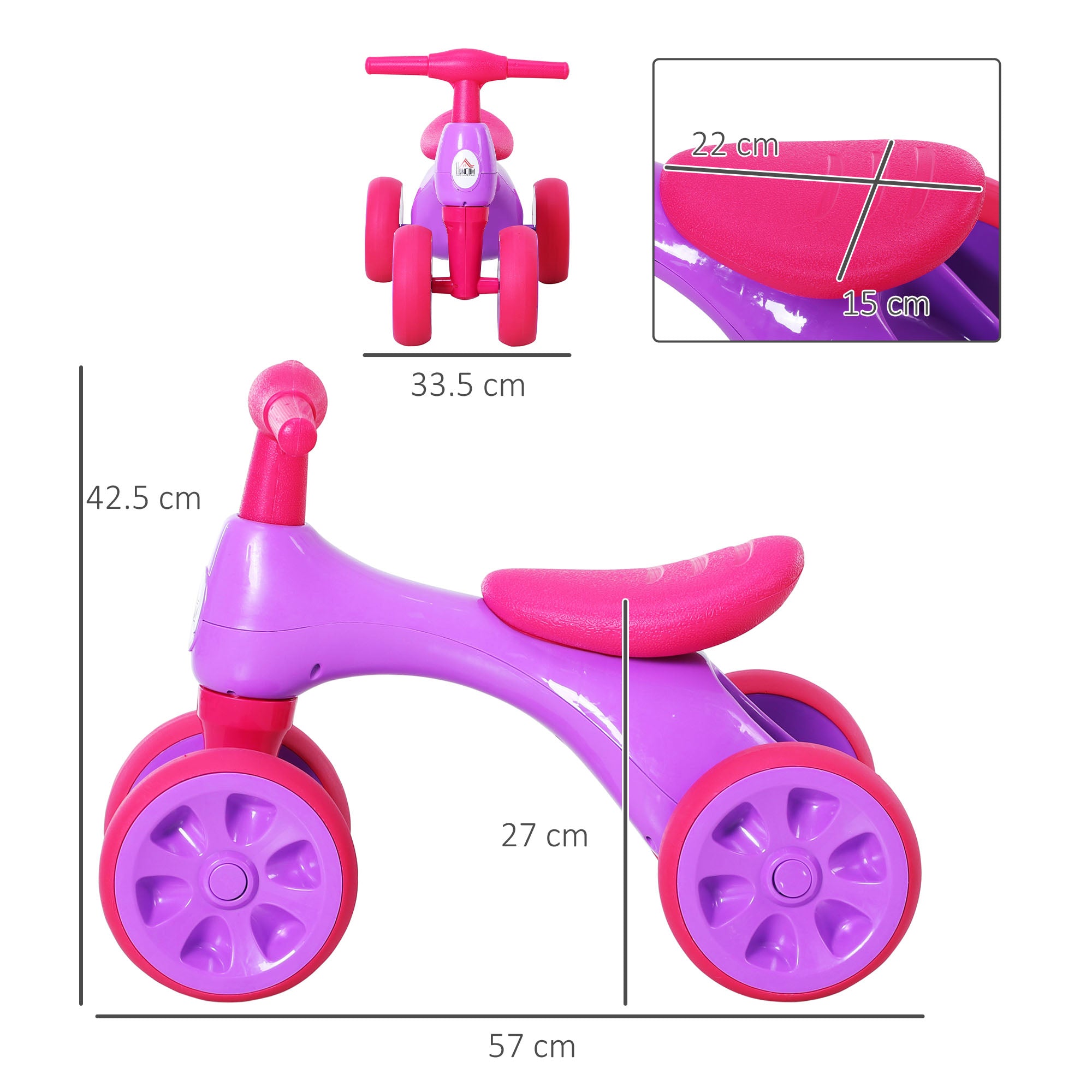HOMCOM Baby Balance Bike Toddler Training Walker Smooth Rubber Wheels Ride on Toy Storage Bin Gift for Boys Girls Violet Fuchsia - North Peak Garden Furniture