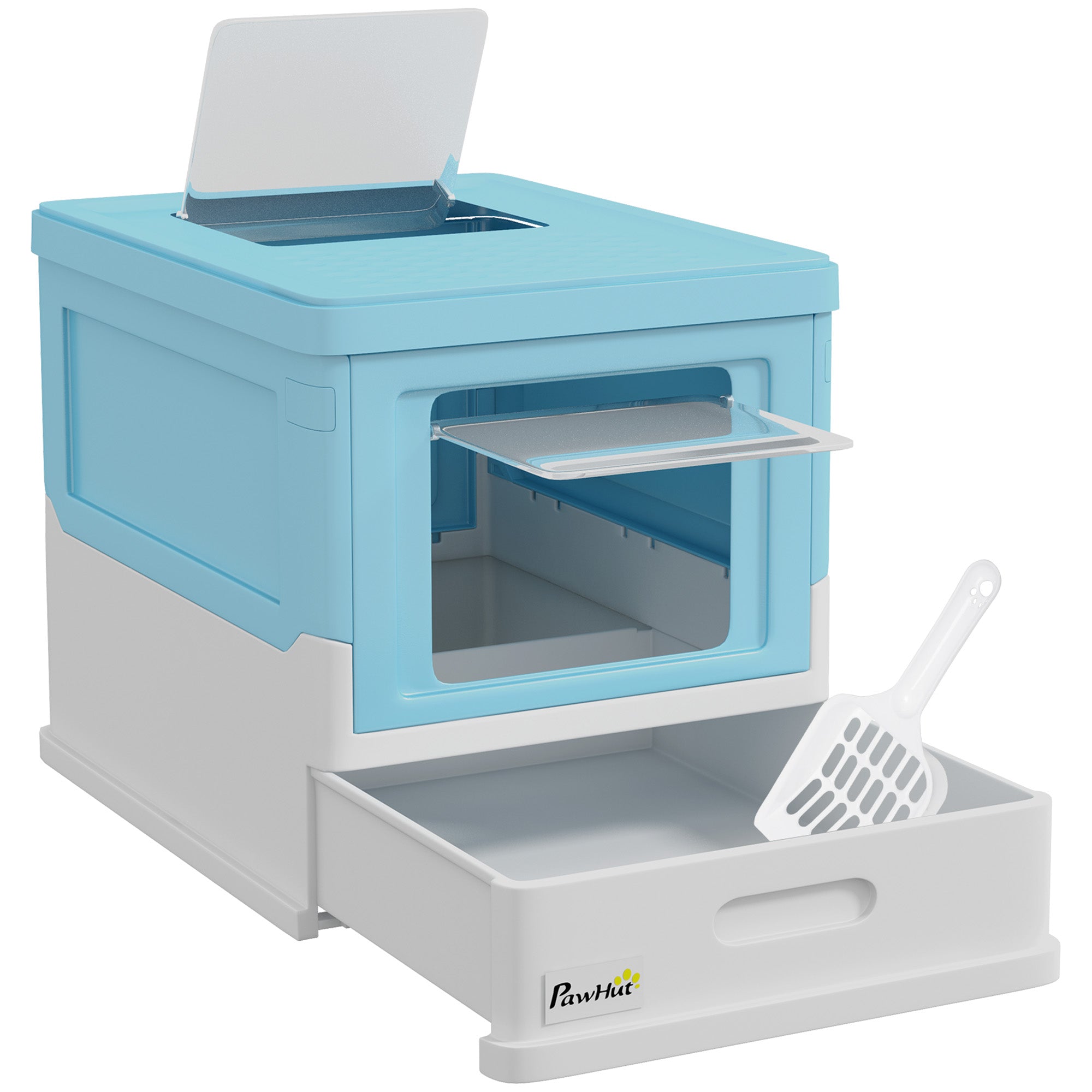 PawHut Hooded Cat Litter Box, Portable Pet Toilet, with Scoop, Front Entry - Light Blue - North Peak Garden Furniture