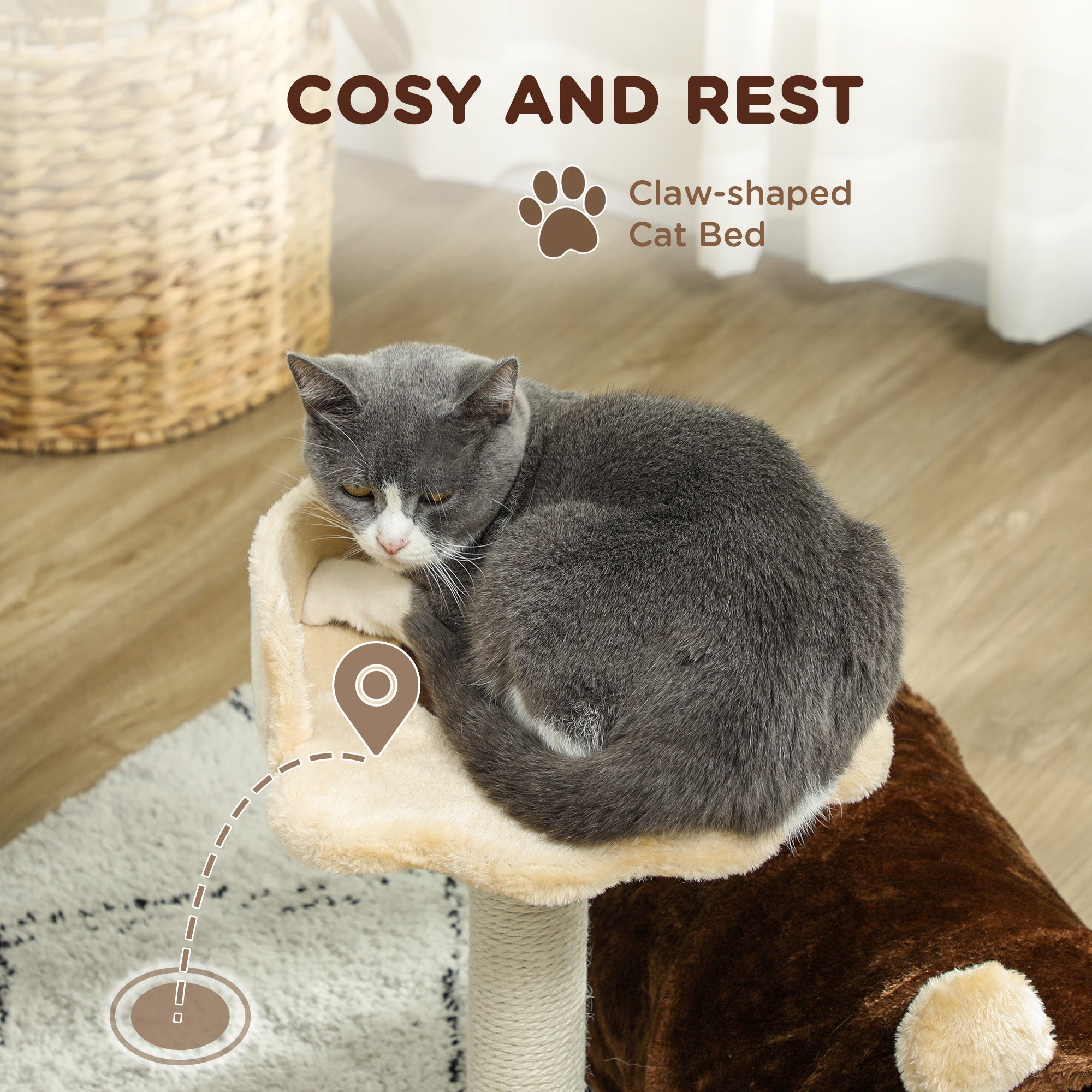 PawHut 47cm Small Cat Tree w/ Scratching Post, Bed, Cat Tunnel, Toy Ball, Dark Brown - North Peak Garden Furniture