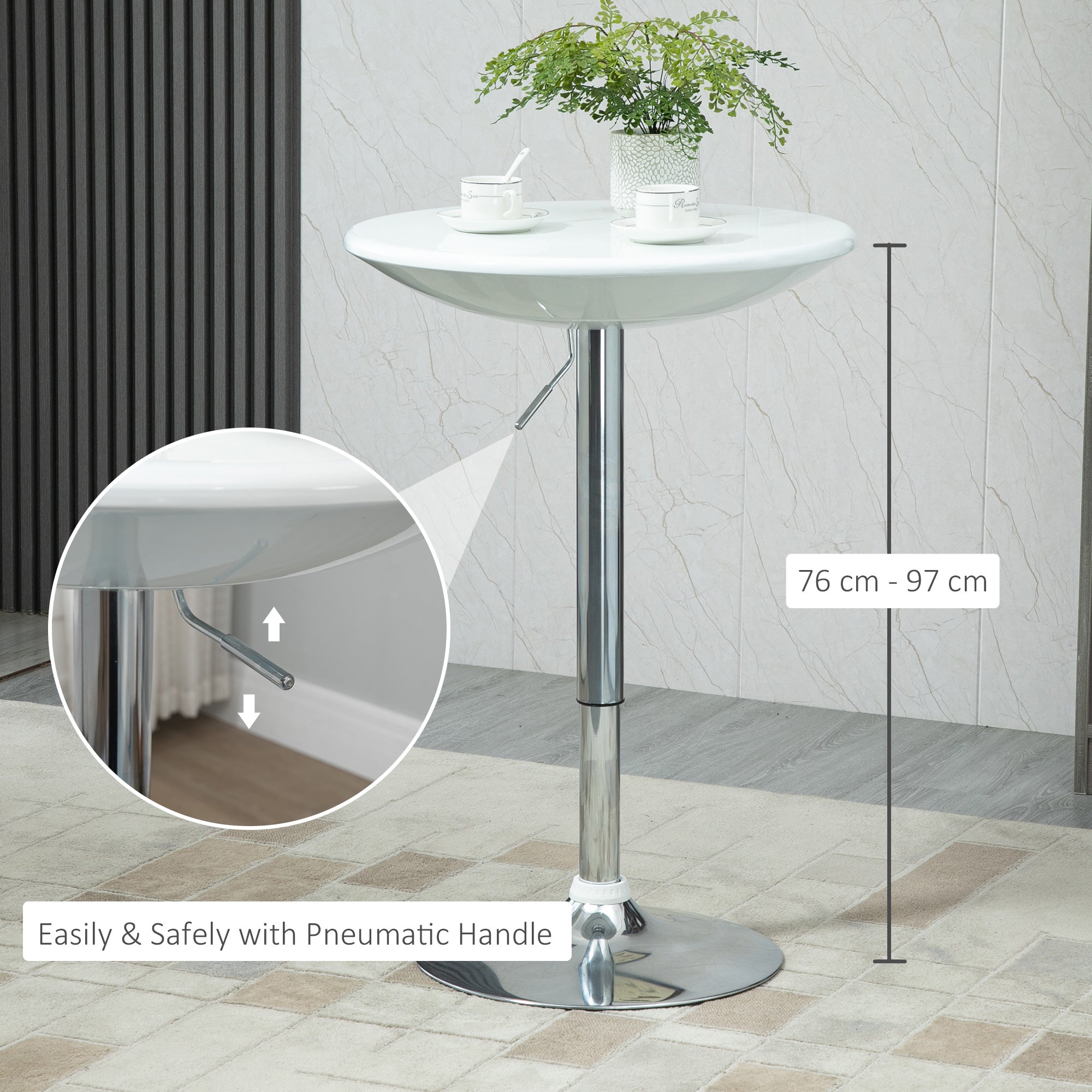 HOMCOM Modern Round Bar Table Adjustable Height Home Pub Bistro Desk Swivel Painted Top with Silver Steel Leg and Base, White - North Peak Garden Furniture