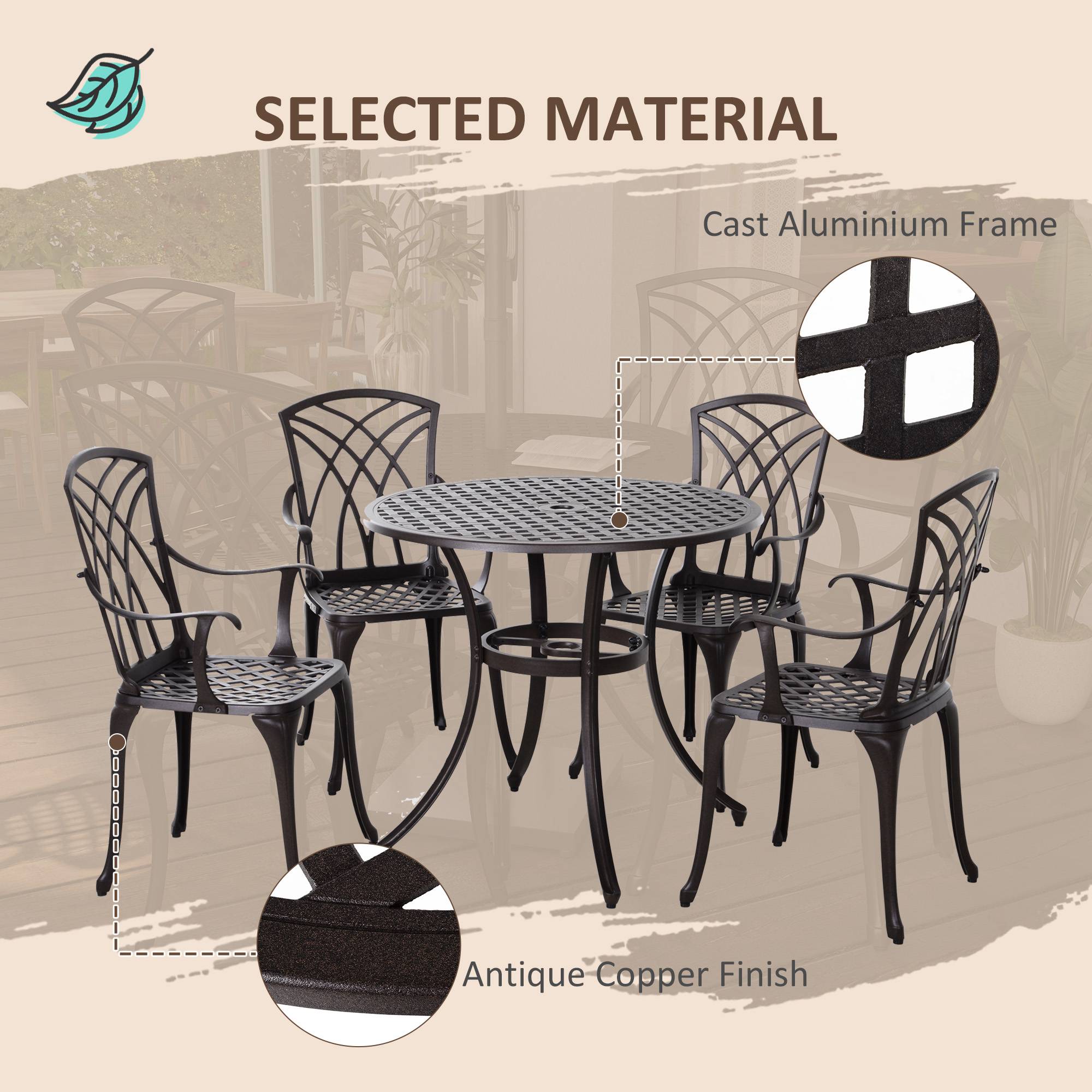 Outsunny 5 Pieces Outdoor Dining Table Set, Cast Aluminium Patio Conversation Furniture Set with 4 Armchairs, a Round Dining Table with Parasol Hole, Brown - North Peak Garden Furniture